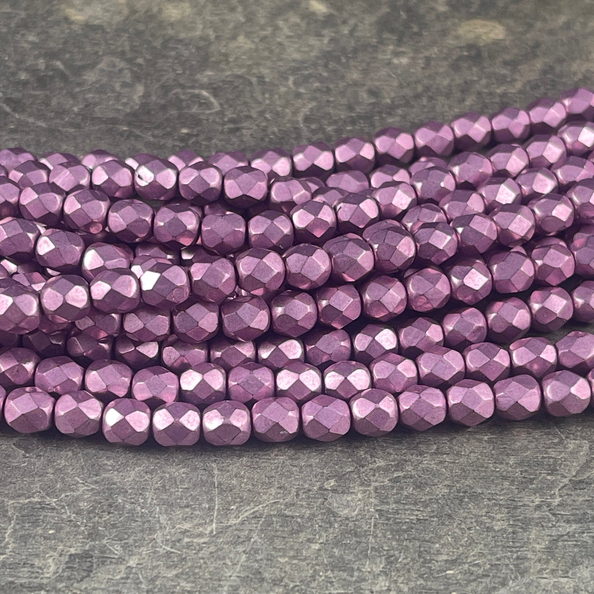 Purplish Pink Czech Glass Beads - 6mm Fire Polished Faceted Round Beads - Golden Orchid Pink Metallic Beads (FP6/SM-08A03) * Qty. 25