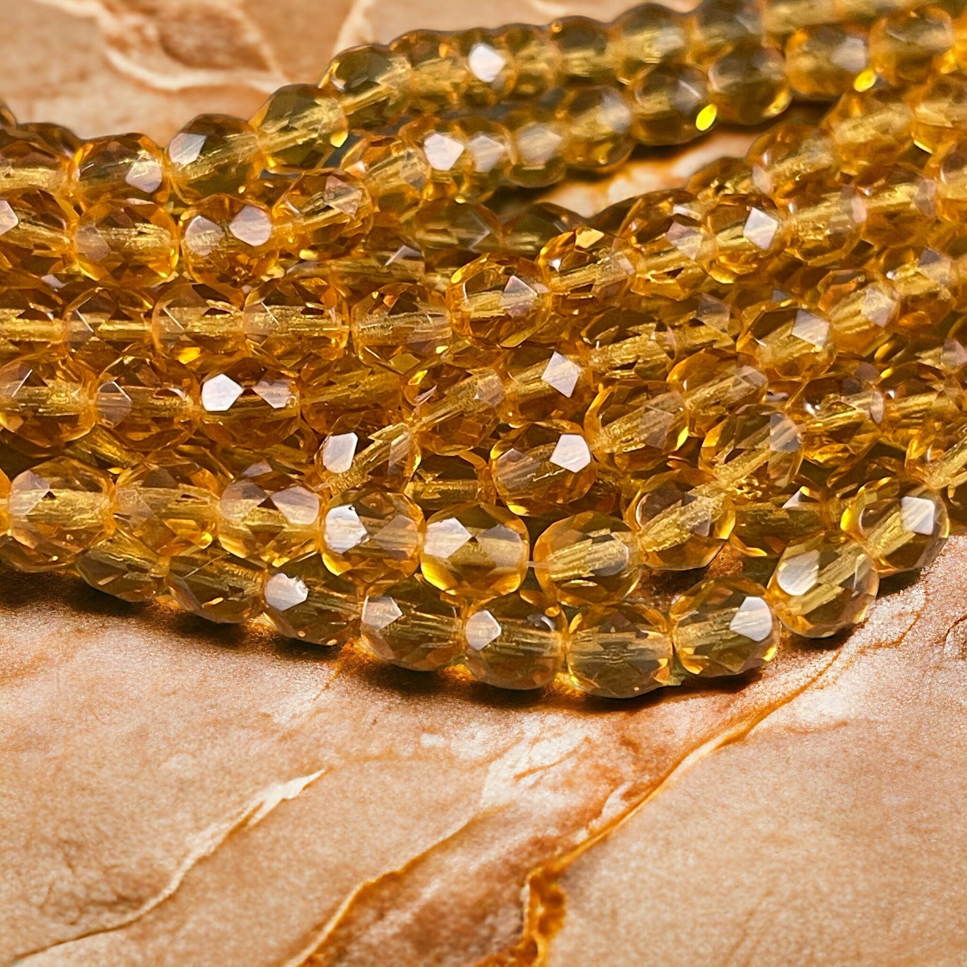 Czech Glass Beads 6mm Faceted Round Beads, 6mm Medium Topaz Honey Golden Beads, Transparent Gold Glass Beads (FP6/SM-1006) 25