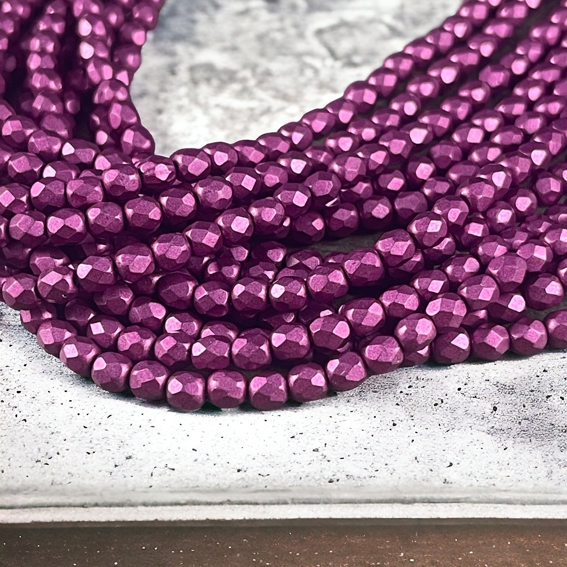 4mm Fuchsia Czech Glass Beads - 4mm Faceted Round Beads, Opaque Fuchsia with Satin Matte Metallic Finish (FP4/SM-08A04) * Qty. 50