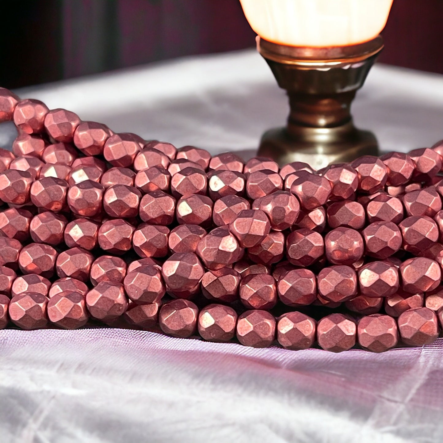 Rose Gold Czech Glass Beads - 6mm Fire Polished Beads, 6mm Faceted Round Beads - Coppery Pink Metallic Beads (FP6/SM-08A02) * Qty. 25