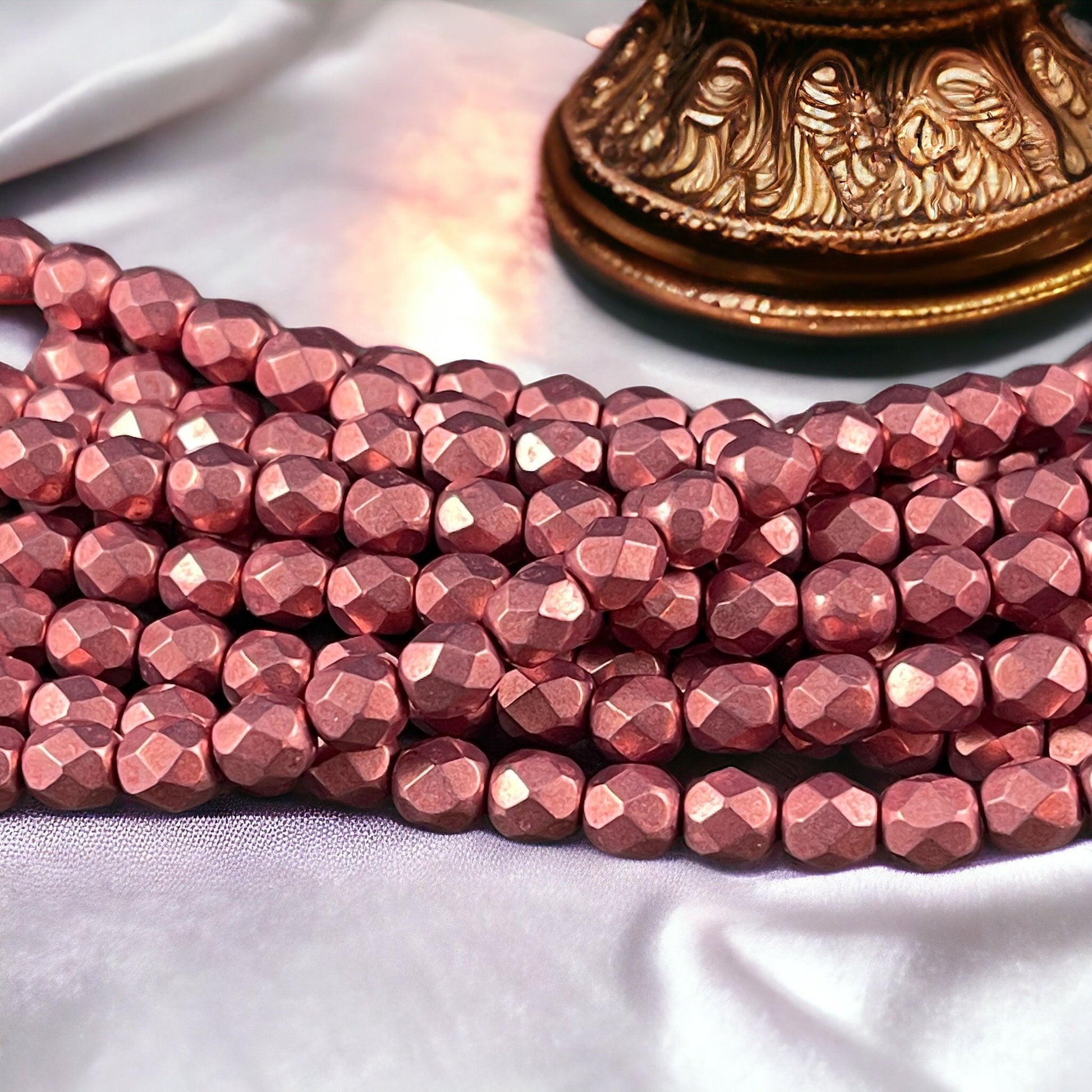 Rose Gold Czech Glass Beads - 6mm Fire Polished Beads, 6mm Faceted Round Beads - Coppery Pink Metallic Beads (FP6/SM-08A02) * Qty. 25