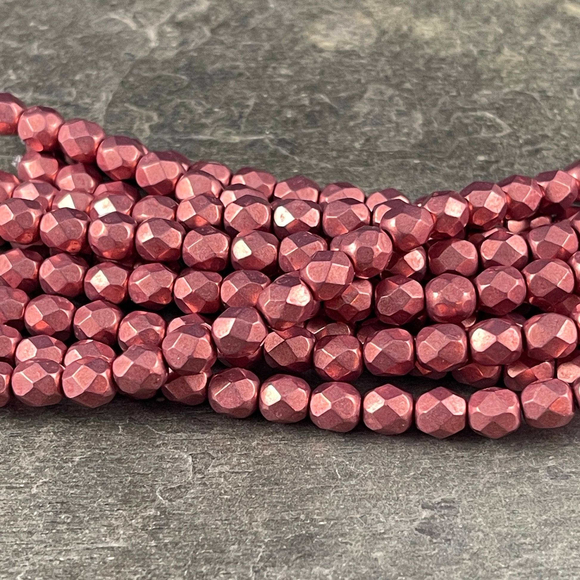 Rose Gold Czech Glass Beads - 6mm Fire Polished Beads, 6mm Faceted Round Beads - Coppery Pink Metallic Beads (FP6/SM-08A02) * Qty. 25