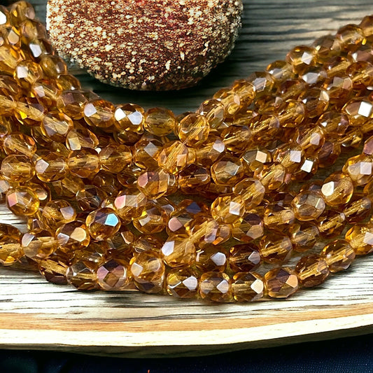 6mm Honey Gold Czech Glass Faceted Round Beads ~ 6mm Gold Topaz Beads ~ Twilight Topaz Transparent Gold (FP6/SM-W1006) * Qty. 25