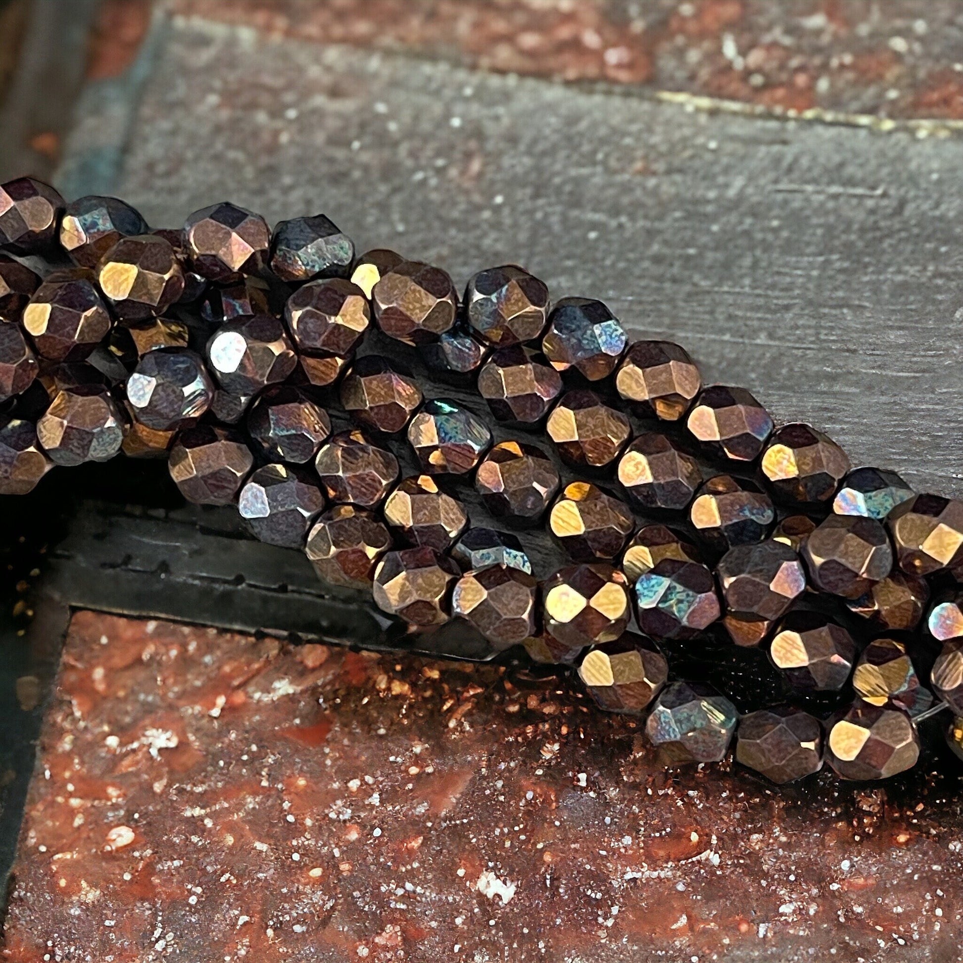 Czech Glass Beads - 6mm Faceted Round Beads, Oxidized Bronze Clay, Bronze Iris (FP6/SM-15768) * Qty. 25