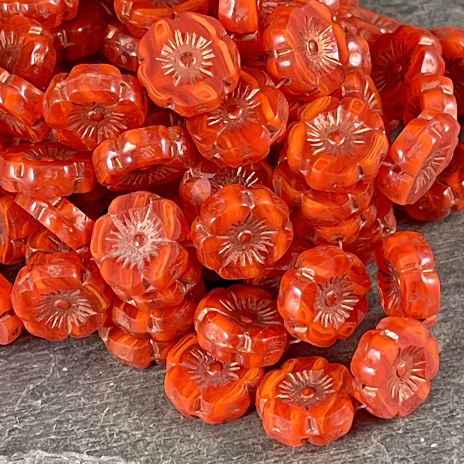 Czech Glass Beads - 12mm Orange Hibiscus Flower Beads ~ Dark Orange Striped Glass with Copper Wash (FL12/RJ-1171) * Qty. 6