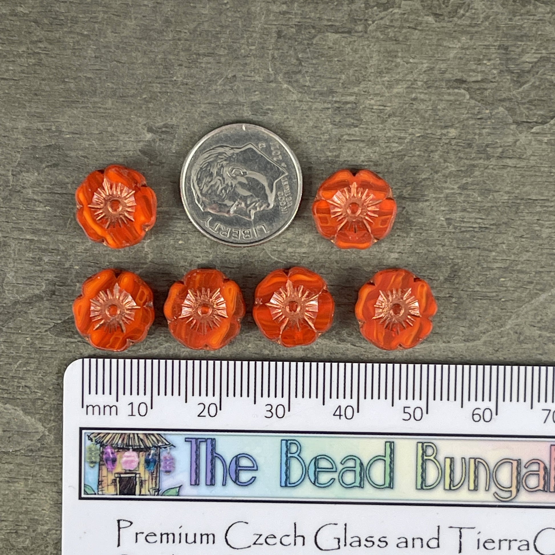 Czech Glass Beads - 12mm Orange Hibiscus Flower Beads ~ Dark Orange Striped Glass with Copper Wash (FL12/RJ-1171) * Qty. 6