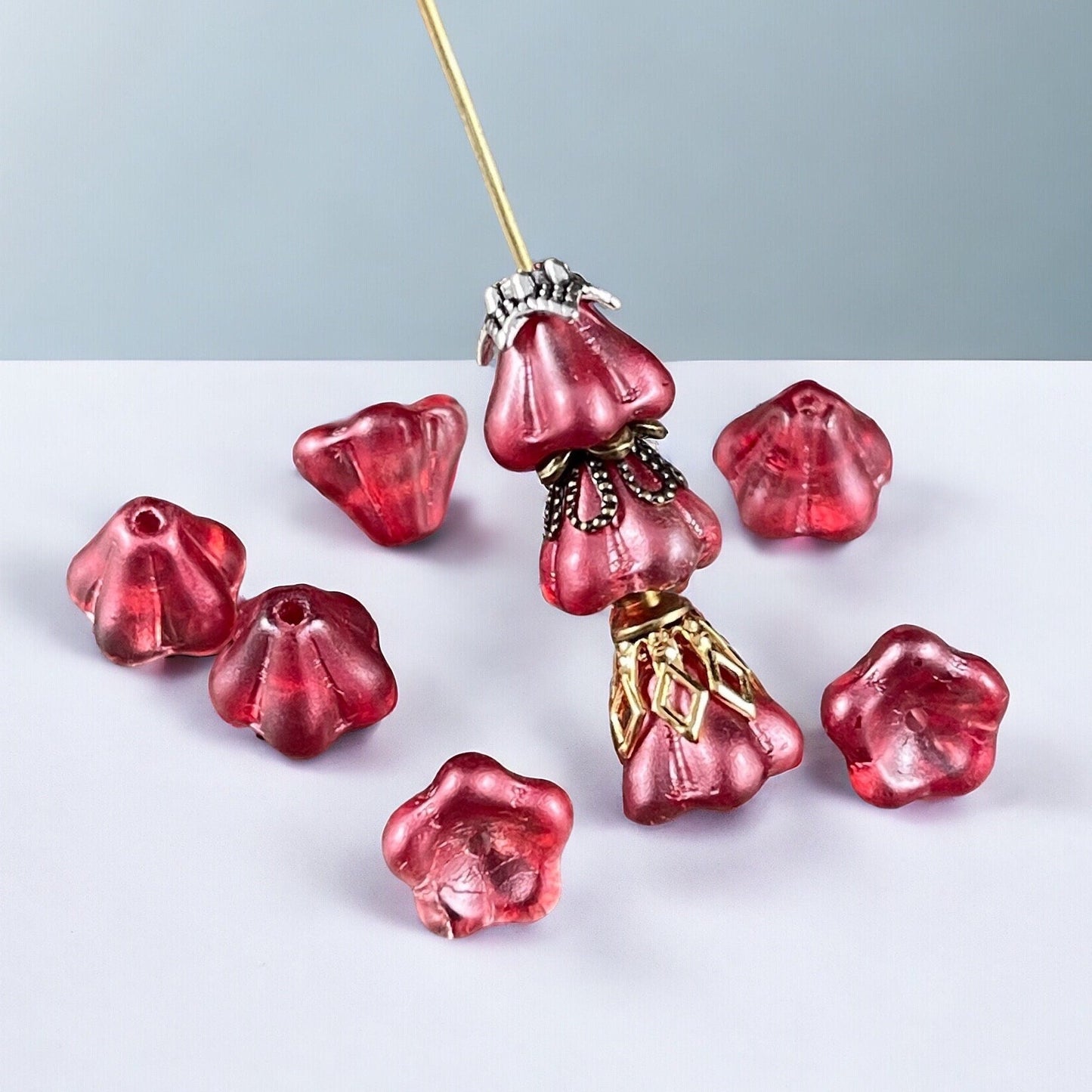 Czech Glass Flower Beads - Raspberry Pink Bell Flower, 6x8mm Berry Pink Flower Beads, Dark Pink Coated Glass Flower (BF/SM-K3712) * Qty. 25