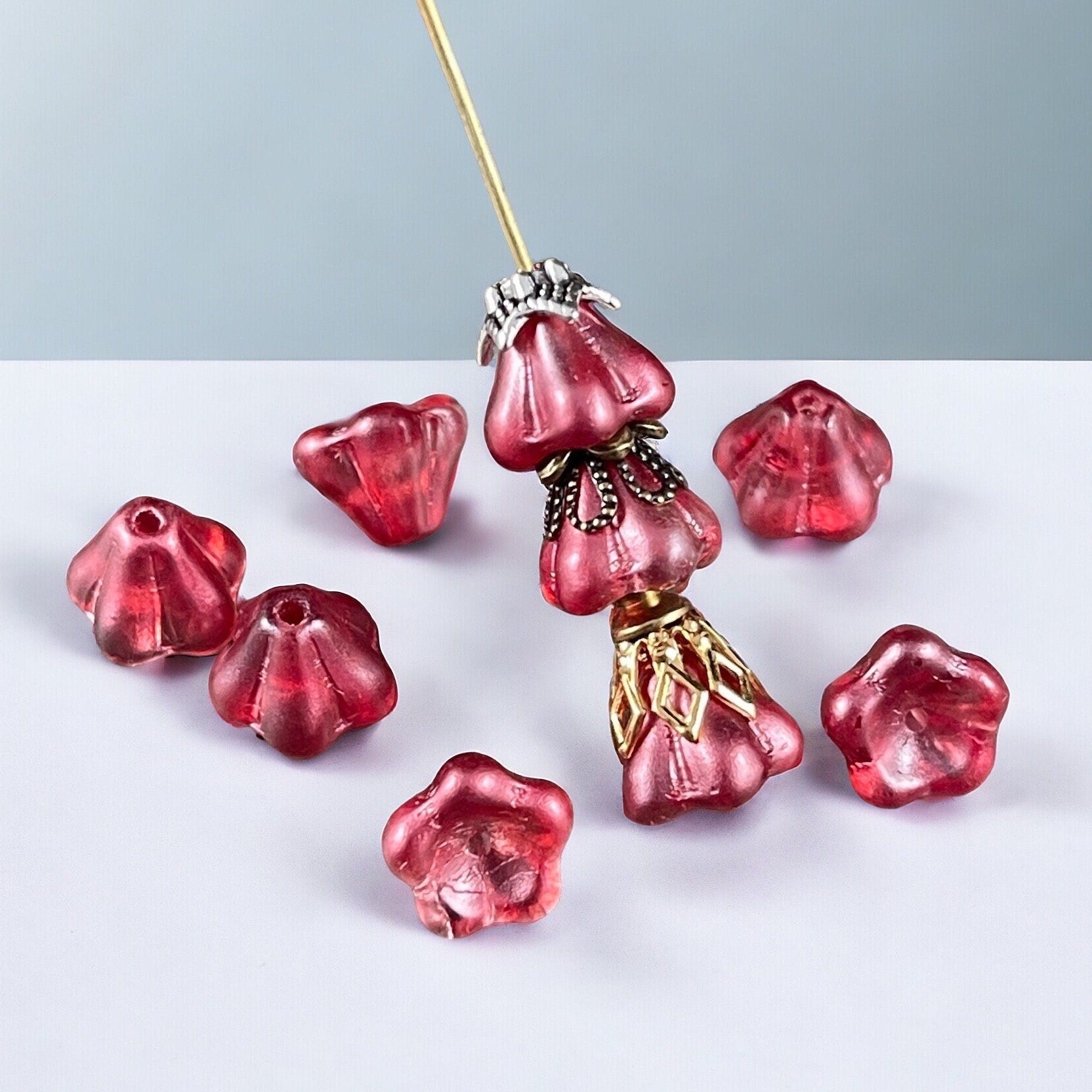 Czech Glass Flower Beads - Raspberry Pink Bell Flower, 6x8mm Berry Pink Flower Beads, Dark Pink Coated Glass Flower (BF/SM-K3712) * Qty. 25