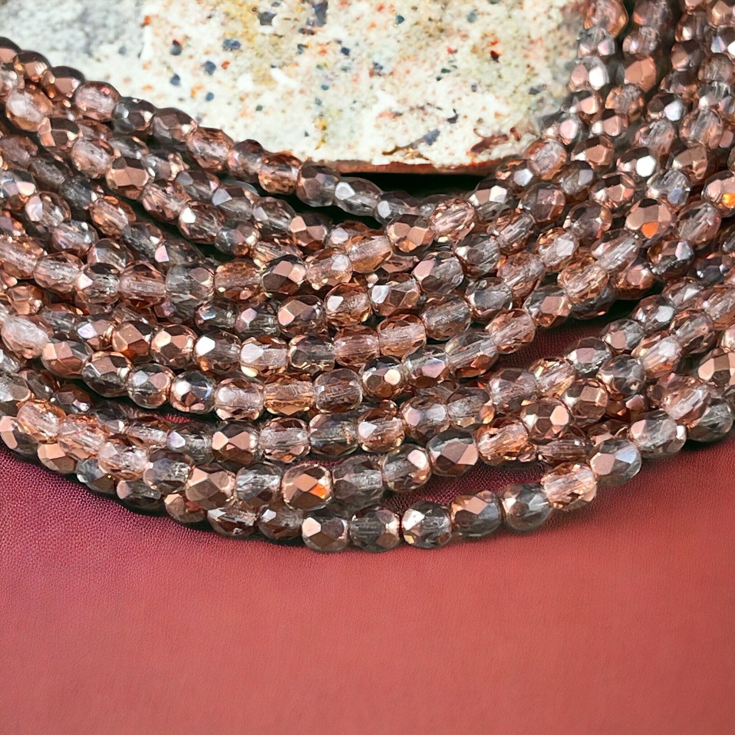 Crystal with Rose Gold Metallic Half Coat 4mm Faceted Round Beads - Clear and Rose Gold Beads (FP4/SM-27101) * Qty. 50