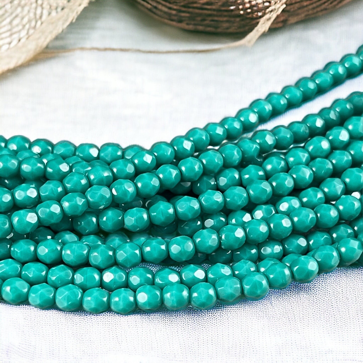 Turquoise Green Czech Glass Beads, 4mm Fire Polished Faceted Round Beads - Persian Turquoise Opaque (FP4/SM-6315) * Qty. 50