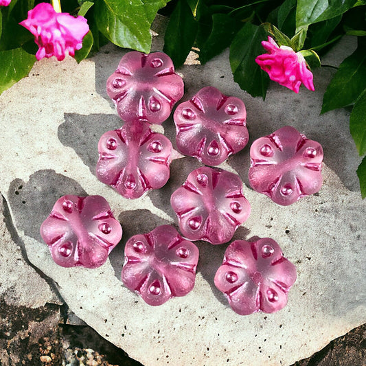 11mm Scalloped Puffy Czech Glass Flower Bead ~ Bright Fuchsia Pink Flower (PFS26) * 8 Beads