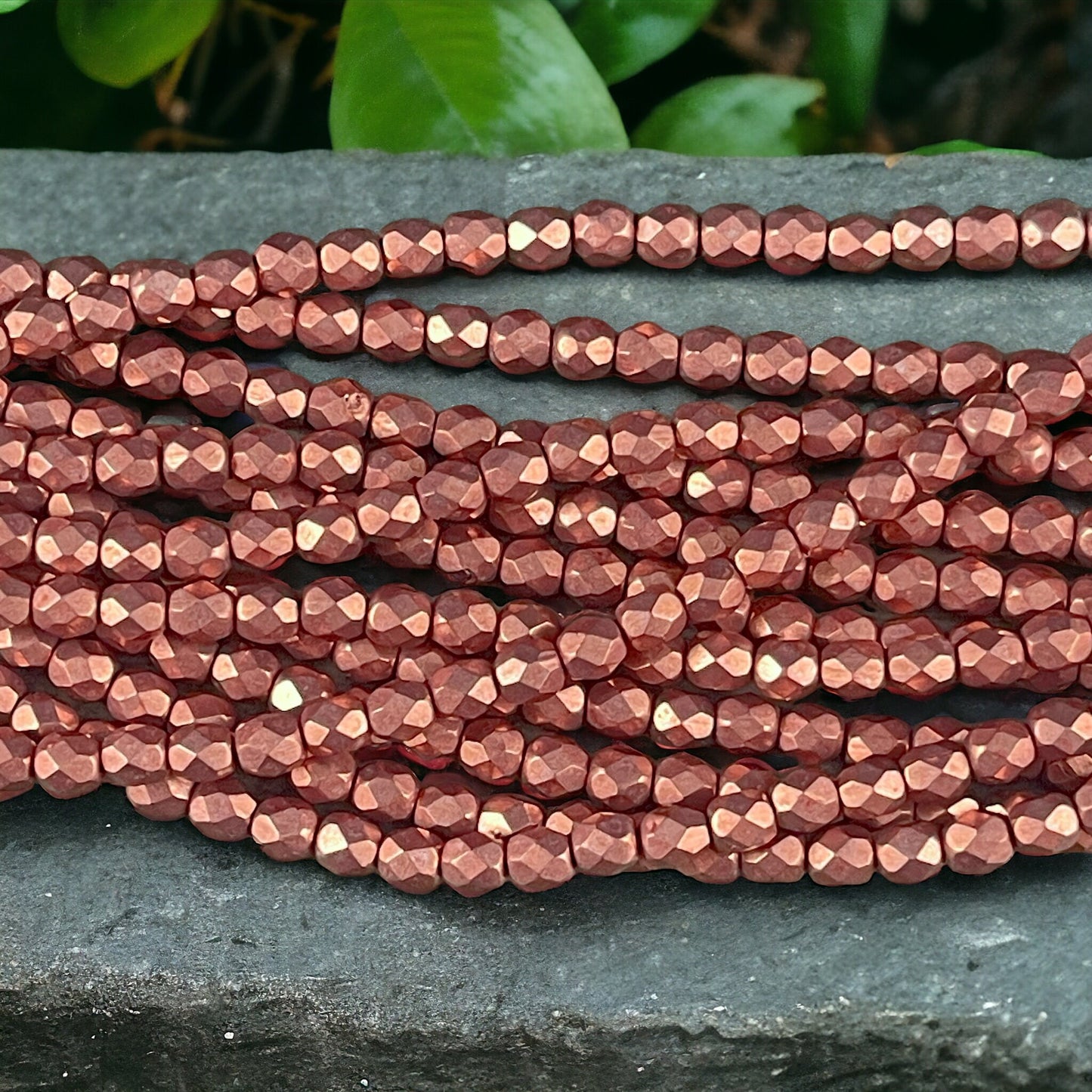 Rose Gold Czech Glass Beads - 4mm Fire Polished Beads Faceted Round Beads - Coppery Pink Metallic Beads (FP4/SM-08A02) * Qty. 50