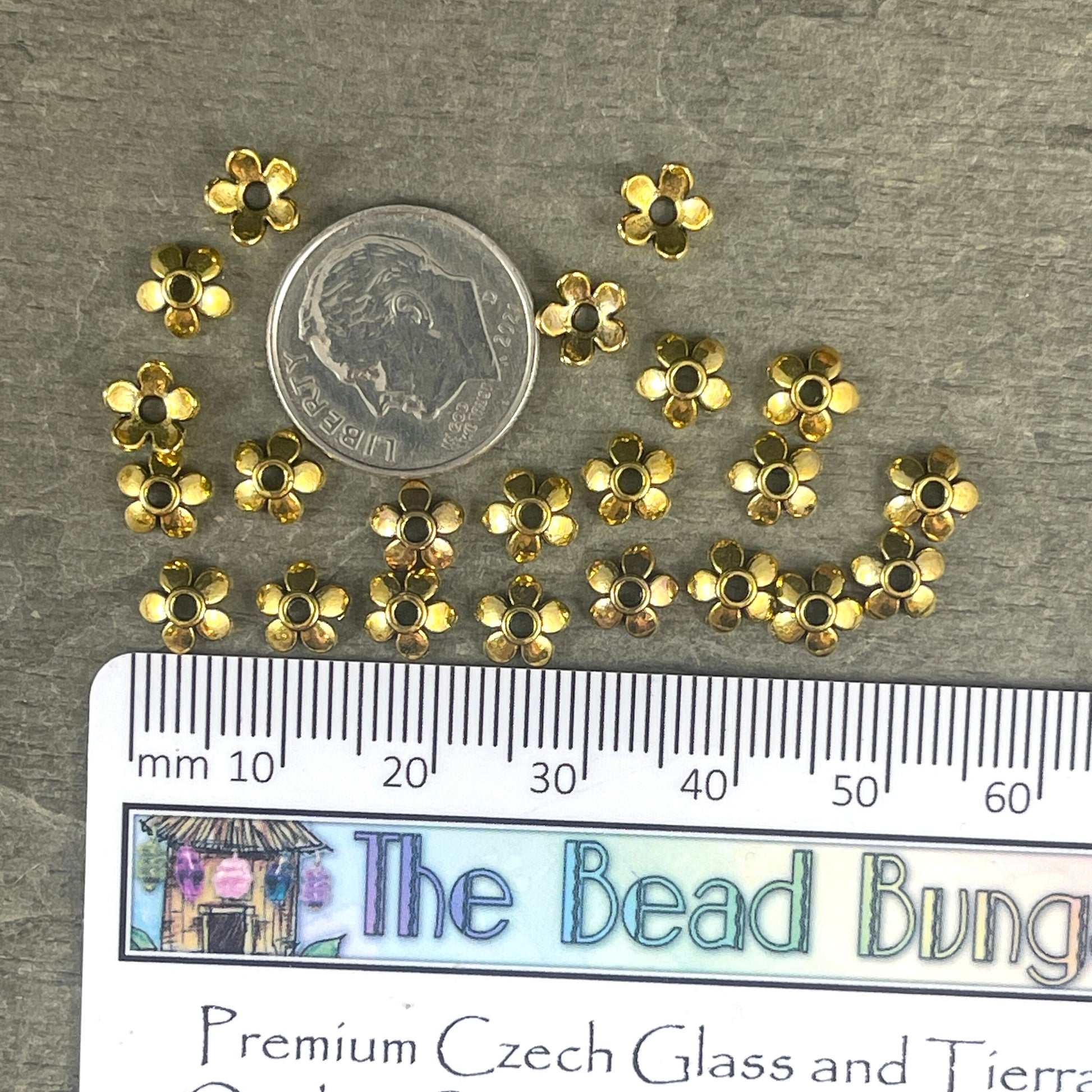 Small Gold Bead Caps ~ Antiqued Gold 5-Petal Bead Caps ~ 6mm Floral Theme Bead Caps (P002-08AG-NR) * Qty. 200