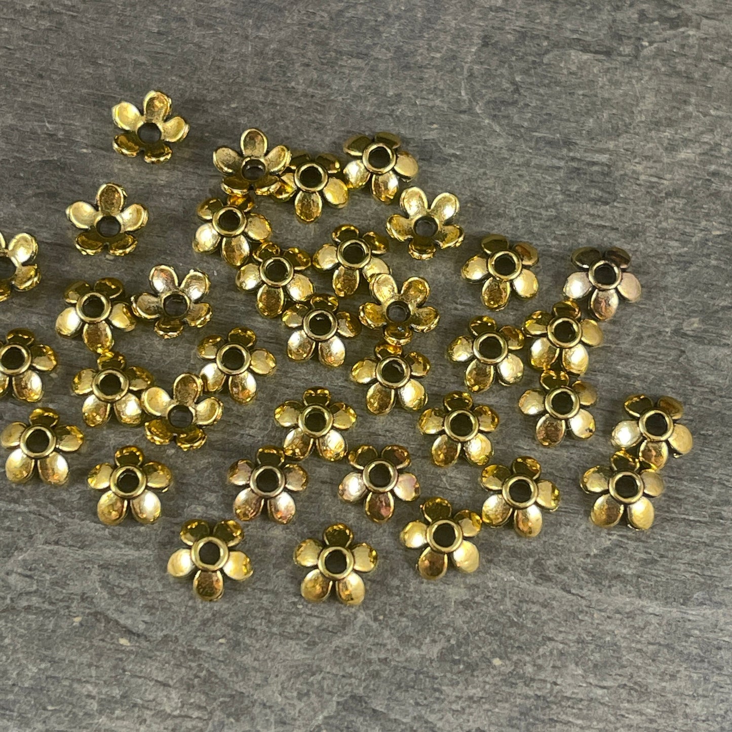 Small Gold Bead Caps ~ Antiqued Gold 5-Petal Bead Caps ~ 6mm Floral Theme Bead Caps (P002-08AG-NR) * Qty. 200