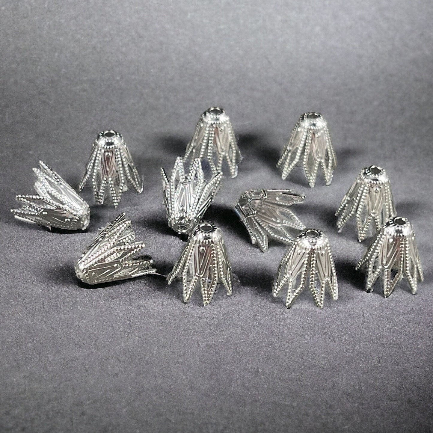 9mm Fancy Star, Cone Shaped Bead Caps ~ Platinum Silver Plated Brass Tapered Bead Caps (KK-D526-37P) * Qty. 30