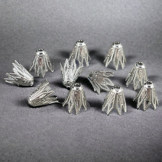 9mm Fancy Star, Cone Shaped Bead Caps ~ Platinum Silver Plated Brass Tapered Bead Caps (KK-D526-37P) * Qty. 30