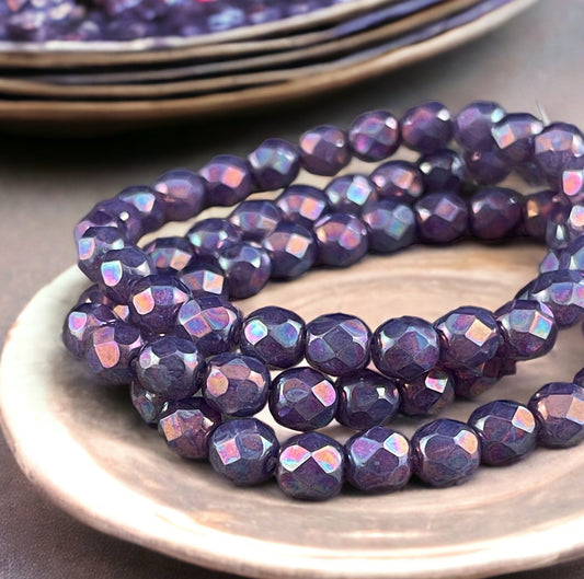 6mm Purple Glass with Mother of Pearl Finish ~ Purple Irridescent Faceted Round Czech Glass Fire Polished Beads (FP6/N-157) * Qty. 25