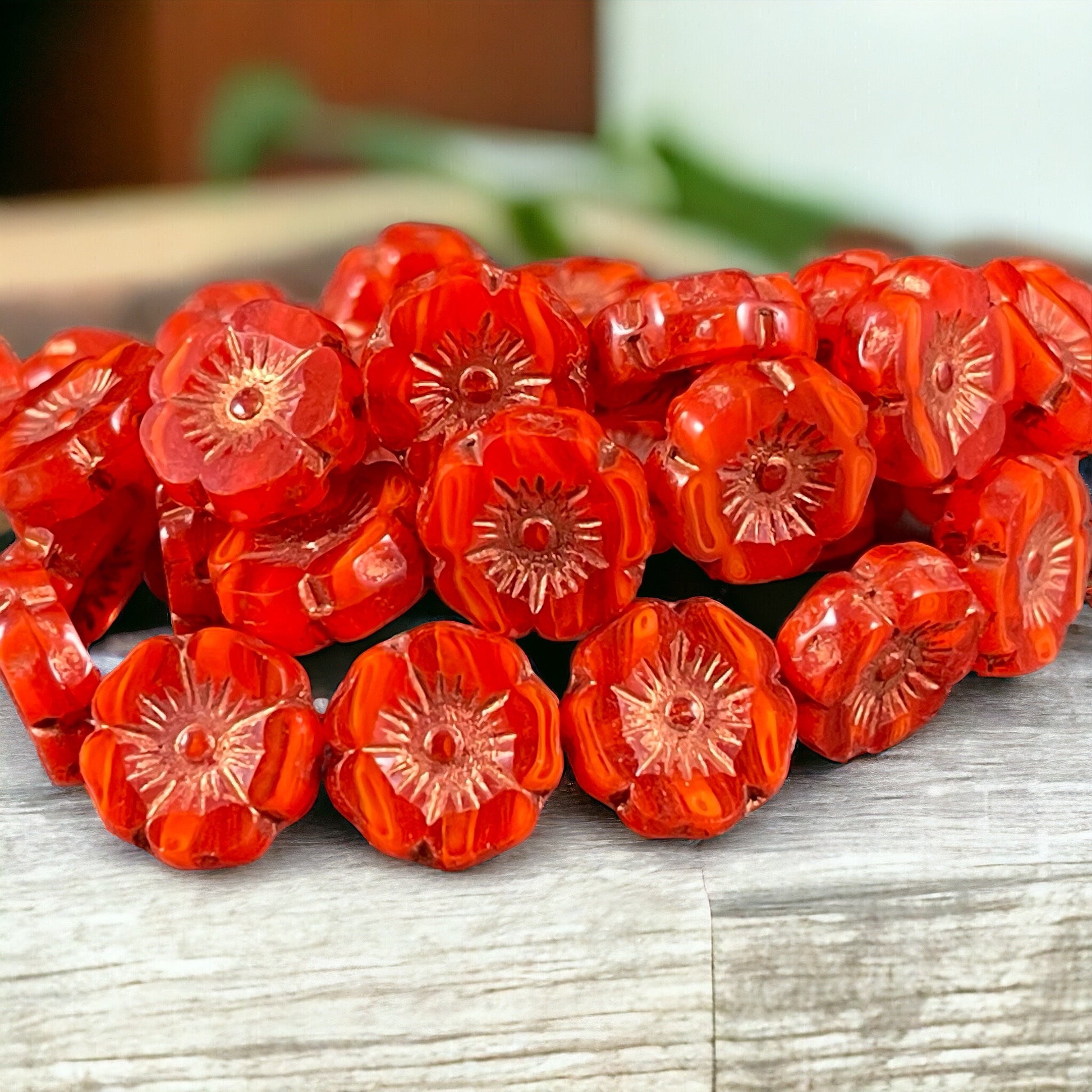 Czech Glass Beads - 12mm Orange Hibiscus Flower Beads ~ Dark Orange Striped Glass with Copper Wash (FL12/RJ-1171) * Qty. 6