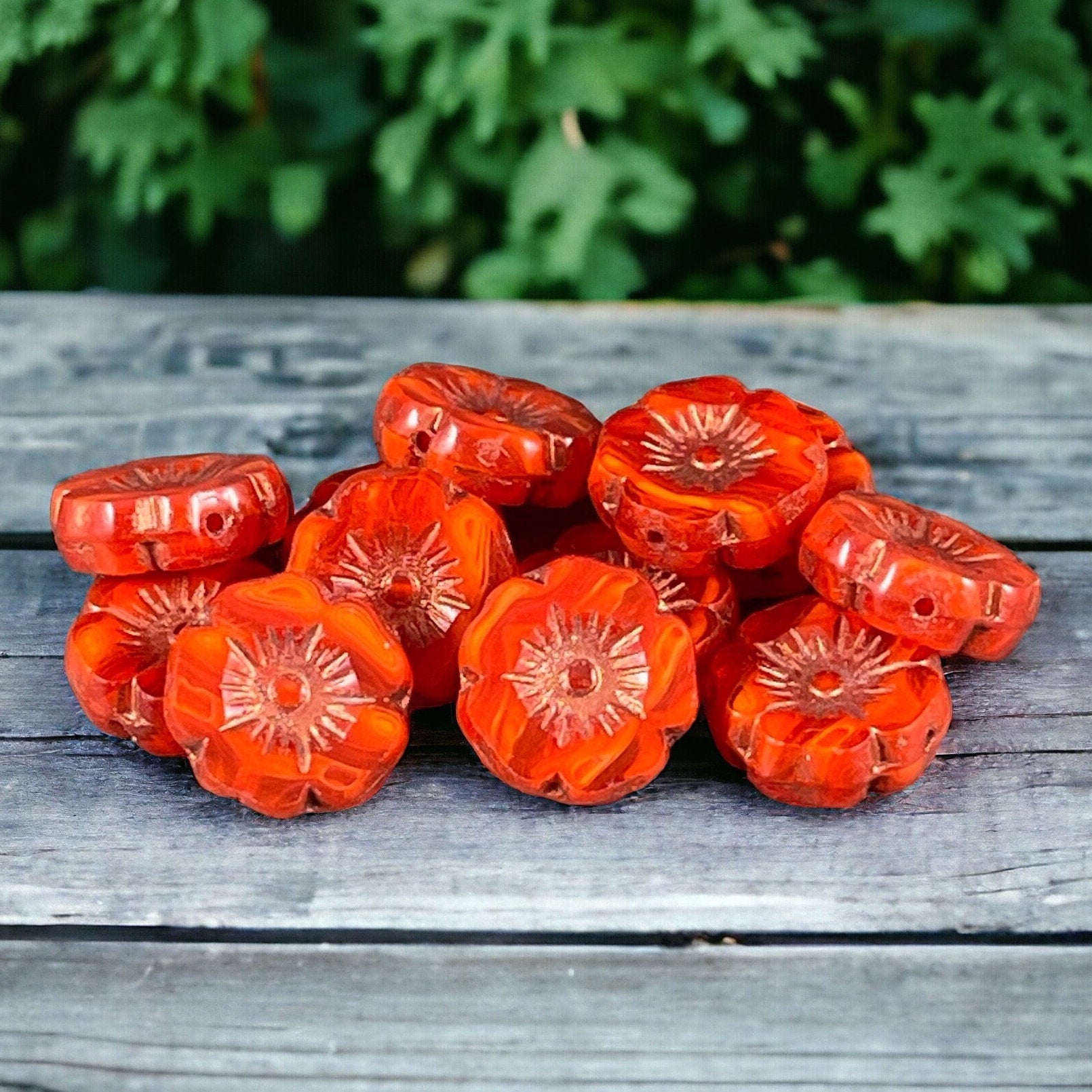 Czech Glass Beads - 12mm Orange Hibiscus Flower Beads ~ Dark Orange Striped Glass with Copper Wash (FL12/RJ-1171) * Qty. 6