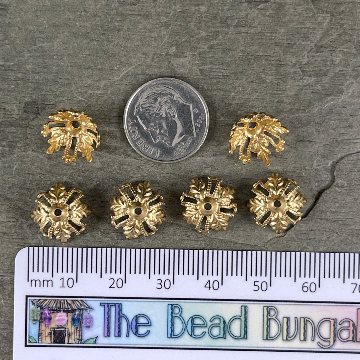 Golden Floral & Filigree Bead Caps, Ornate Victorian Raw Brass Filigree Bead Caps (BB83r) * Qty. 6
