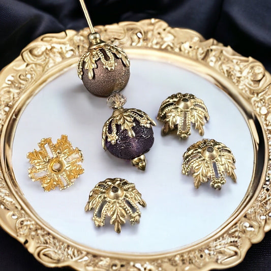 Golden Floral & Filigree Bead Caps, Ornate Victorian Raw Brass Filigree Bead Caps (BB83r) * Qty. 6