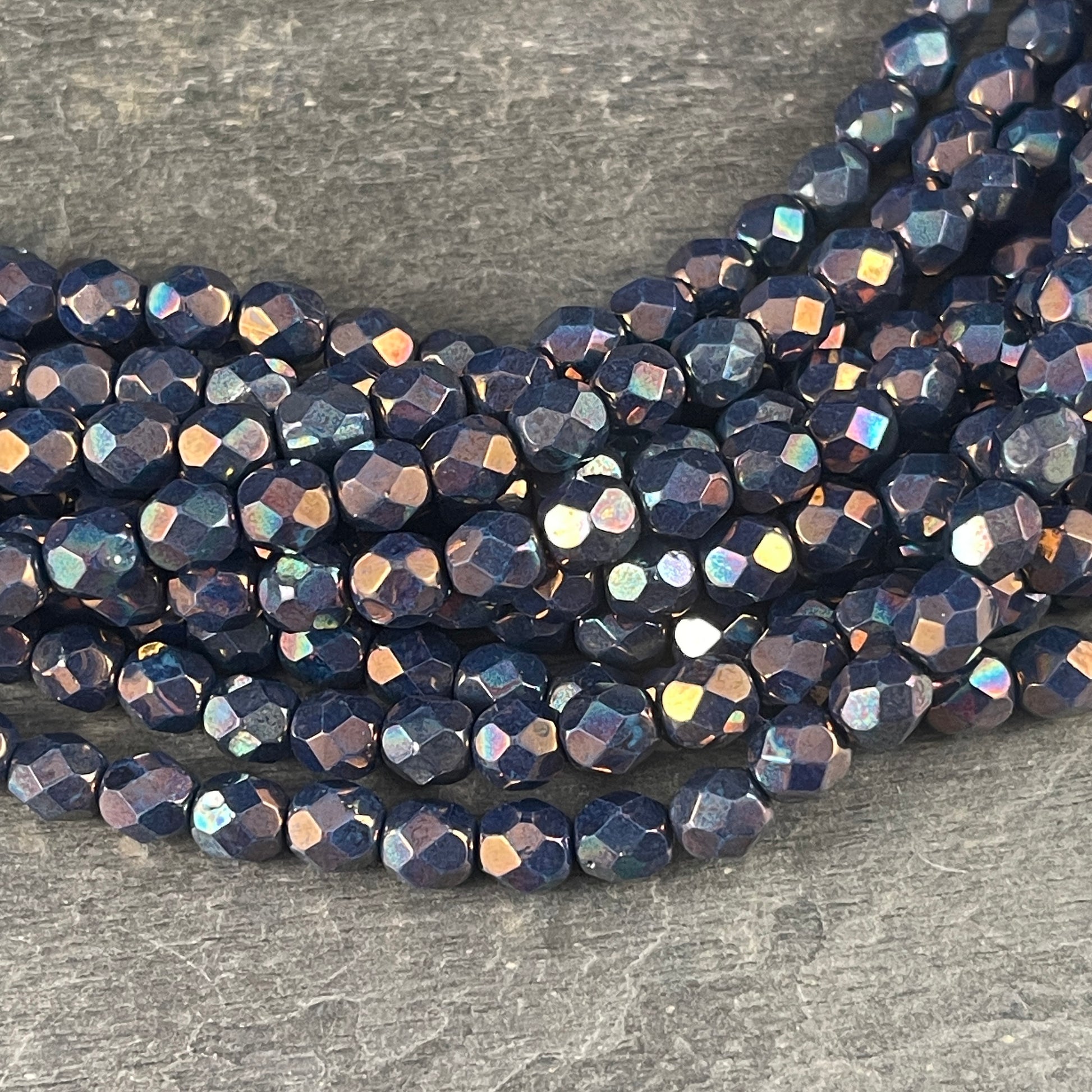 6mm Bluish Purple Iridescent Beads, Czech Glass Fire Polished Faceted Round Beads - Oxidized Bronze Titanium Luster (FP6/SM-15865) * Qty. 25