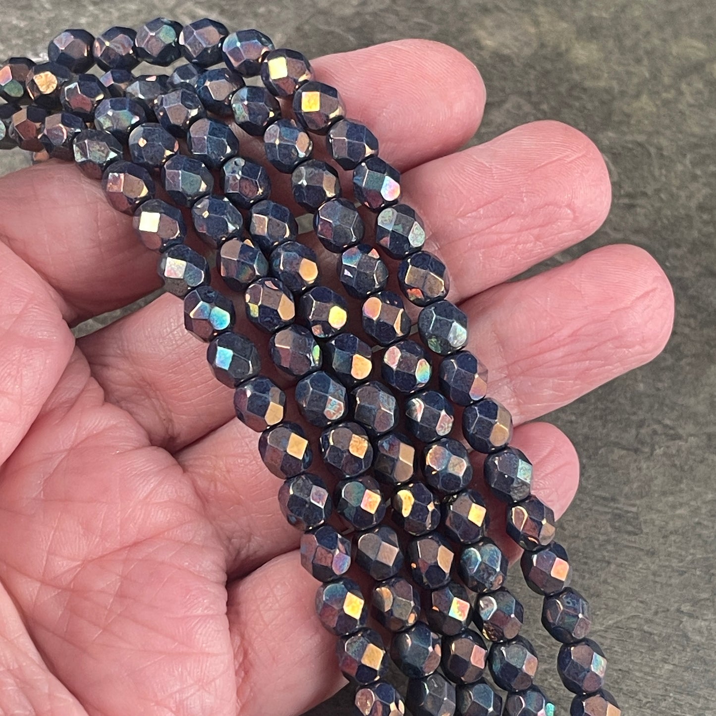 6mm Bluish Purple Iridescent Beads, Czech Glass Fire Polished Faceted Round Beads - Oxidized Bronze Titanium Luster (FP6/SM-15865) * Qty. 25