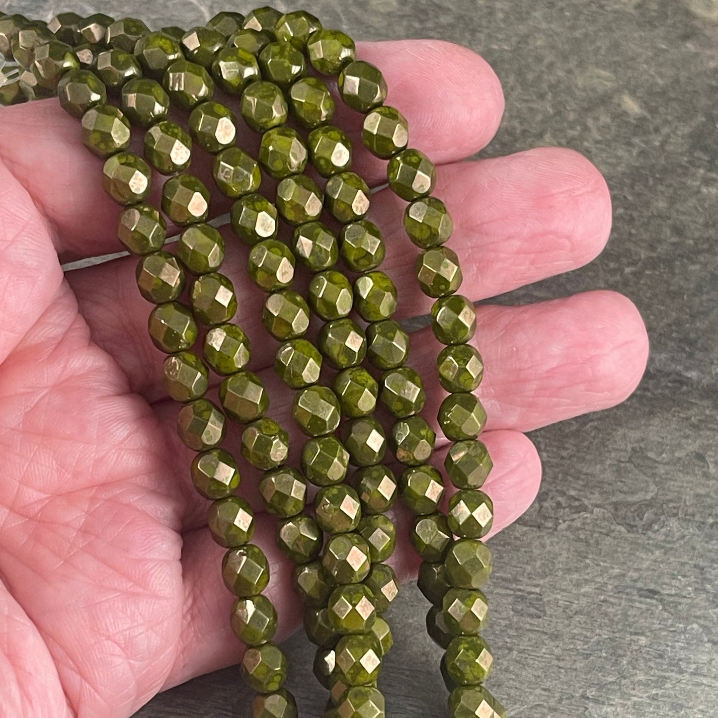 Olive Green 6mm Czech Glass Beads, Fire Polished Faceted Round Beads, Olive Green Moon Dust Luster (FP6/SM-MD53420) * Qty. 25