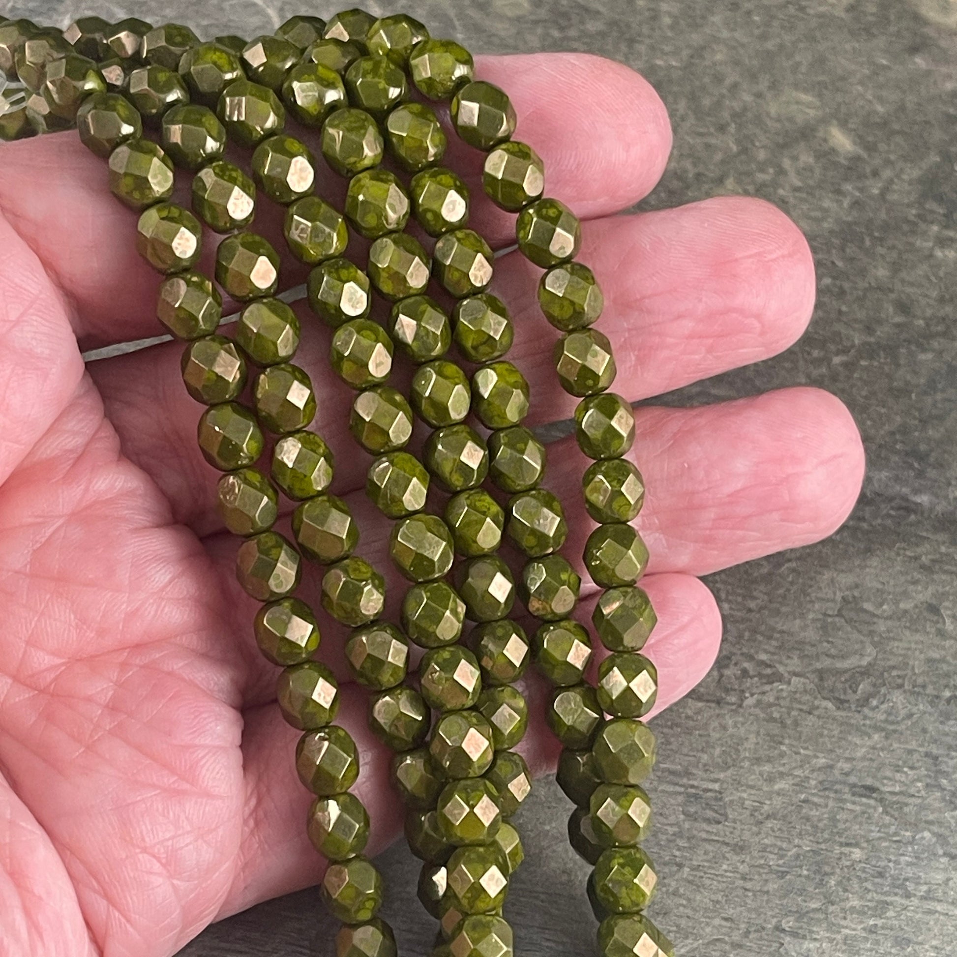Olive Green 6mm Czech Glass Beads, Fire Polished Faceted Round Beads, Olive Green Moon Dust Luster (FP6/SM-MD53420) * Qty. 25