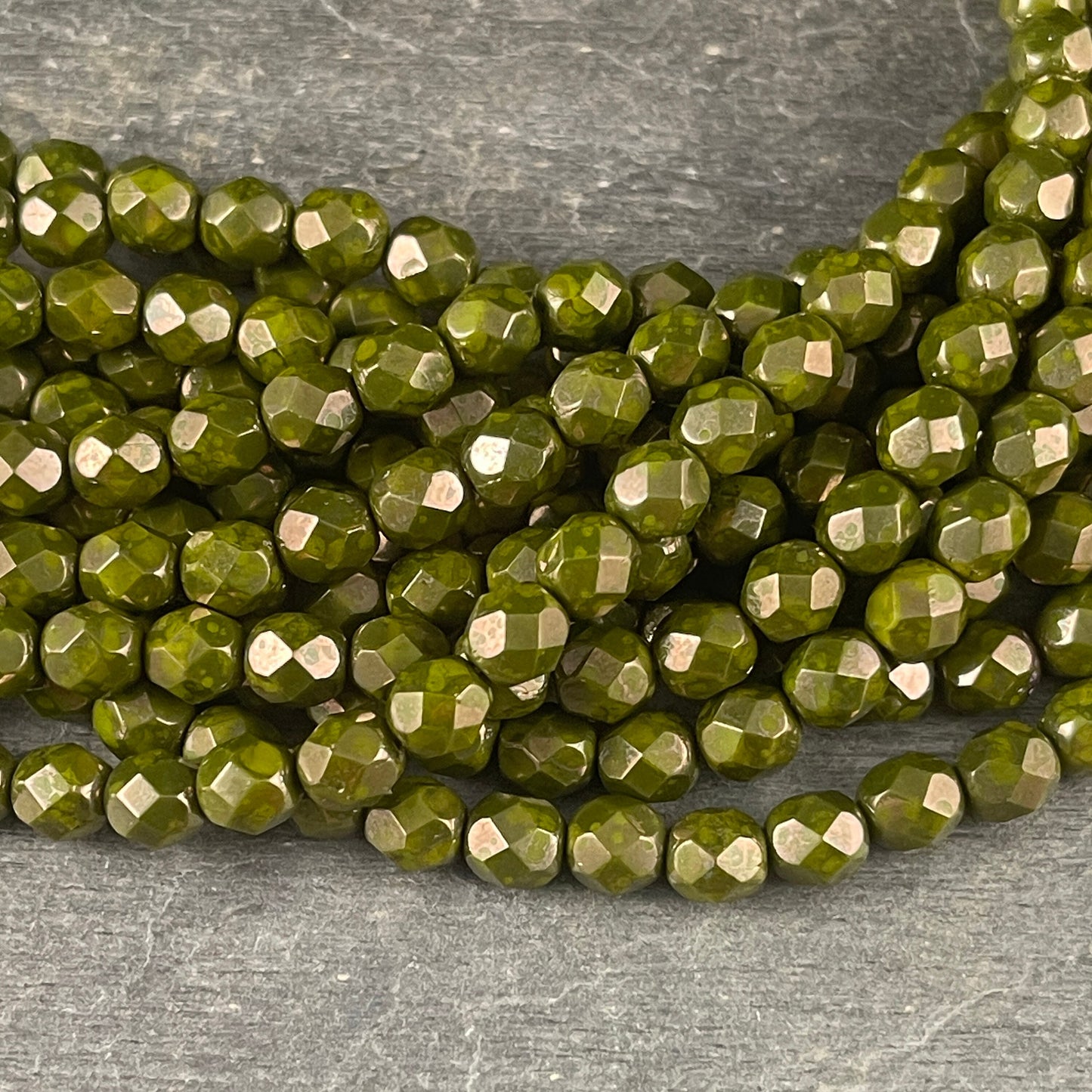 Olive Green 6mm Czech Glass Beads, Fire Polished Faceted Round Beads, Olive Green Moon Dust Luster (FP6/SM-MD53420) * Qty. 25