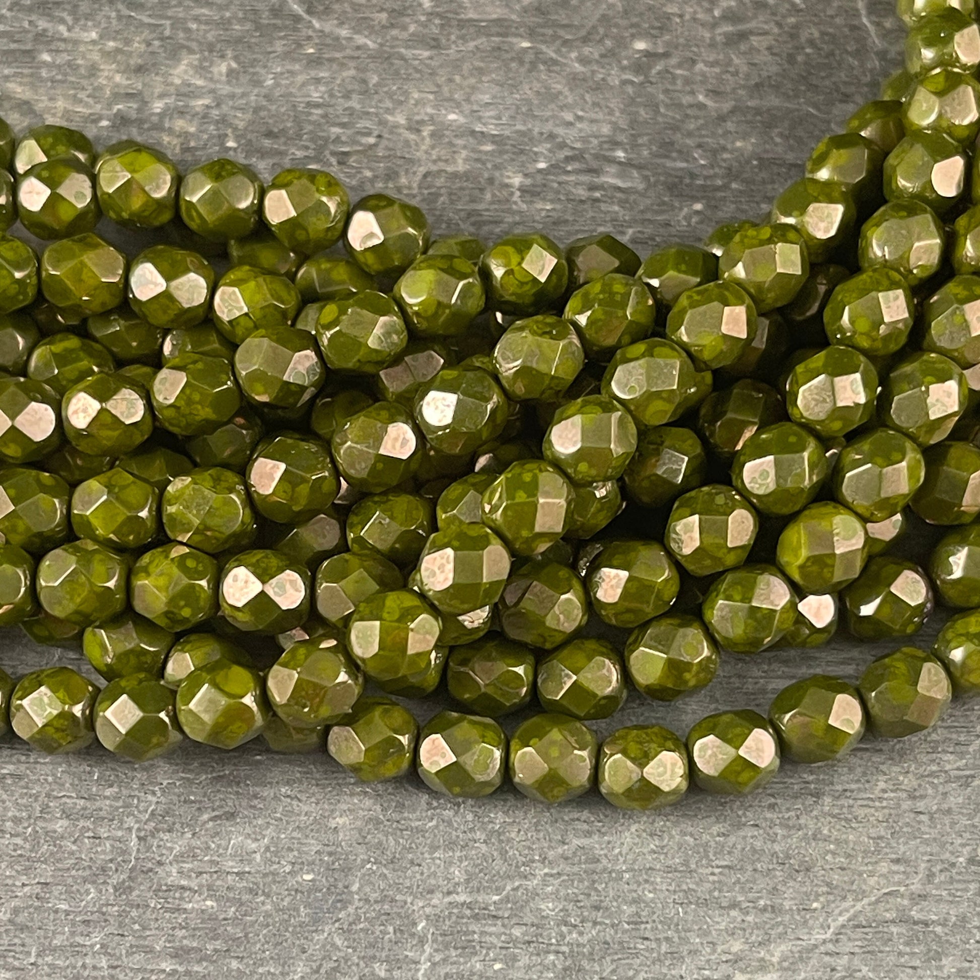 Olive Green 6mm Czech Glass Beads, Fire Polished Faceted Round Beads, Olive Green Moon Dust Luster (FP6/SM-MD53420) * Qty. 25
