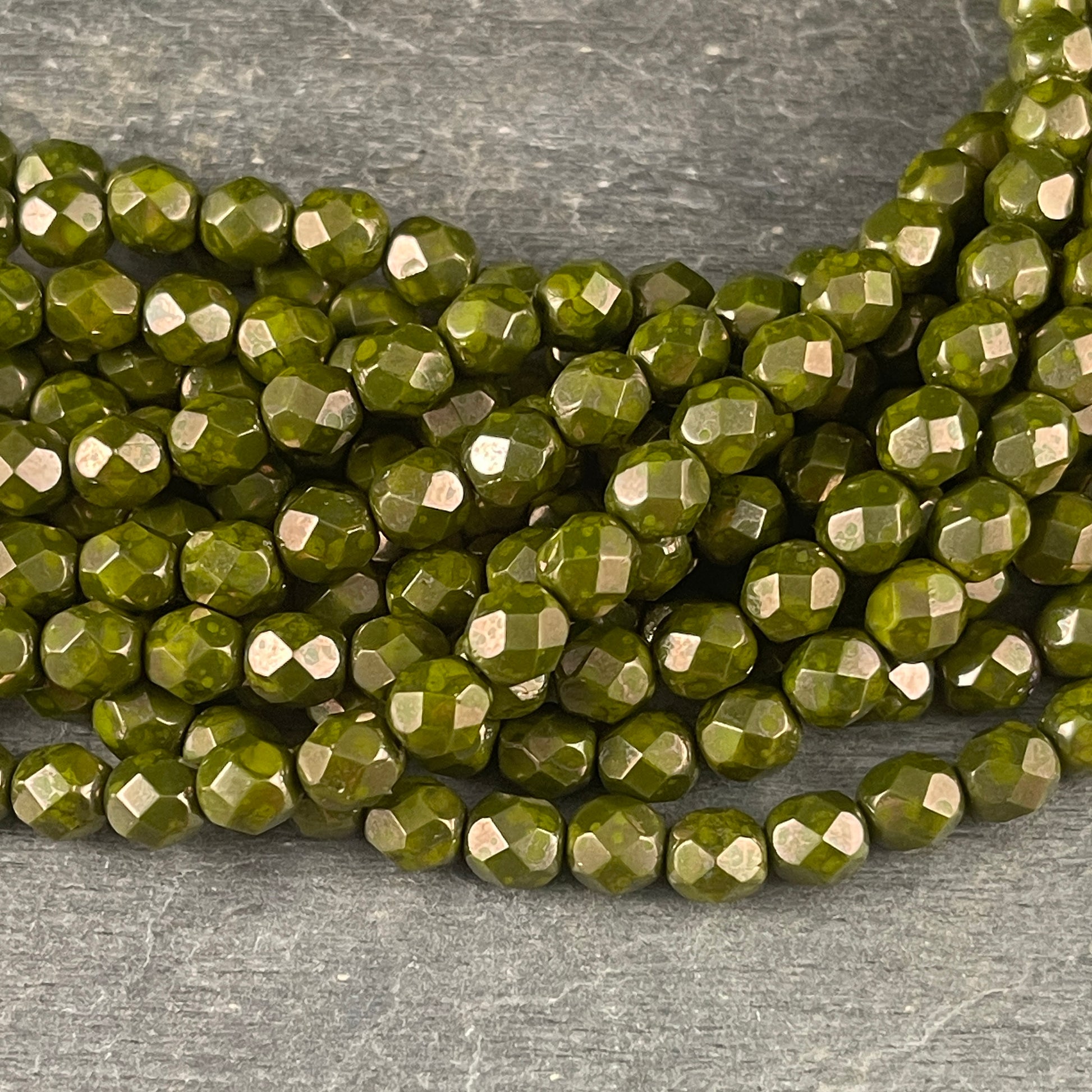 Czech Glass - 6mm Faceted Round Beads, Olive Green Moon Dust Luster (FP6/SM-MD53420) * Qty. 25