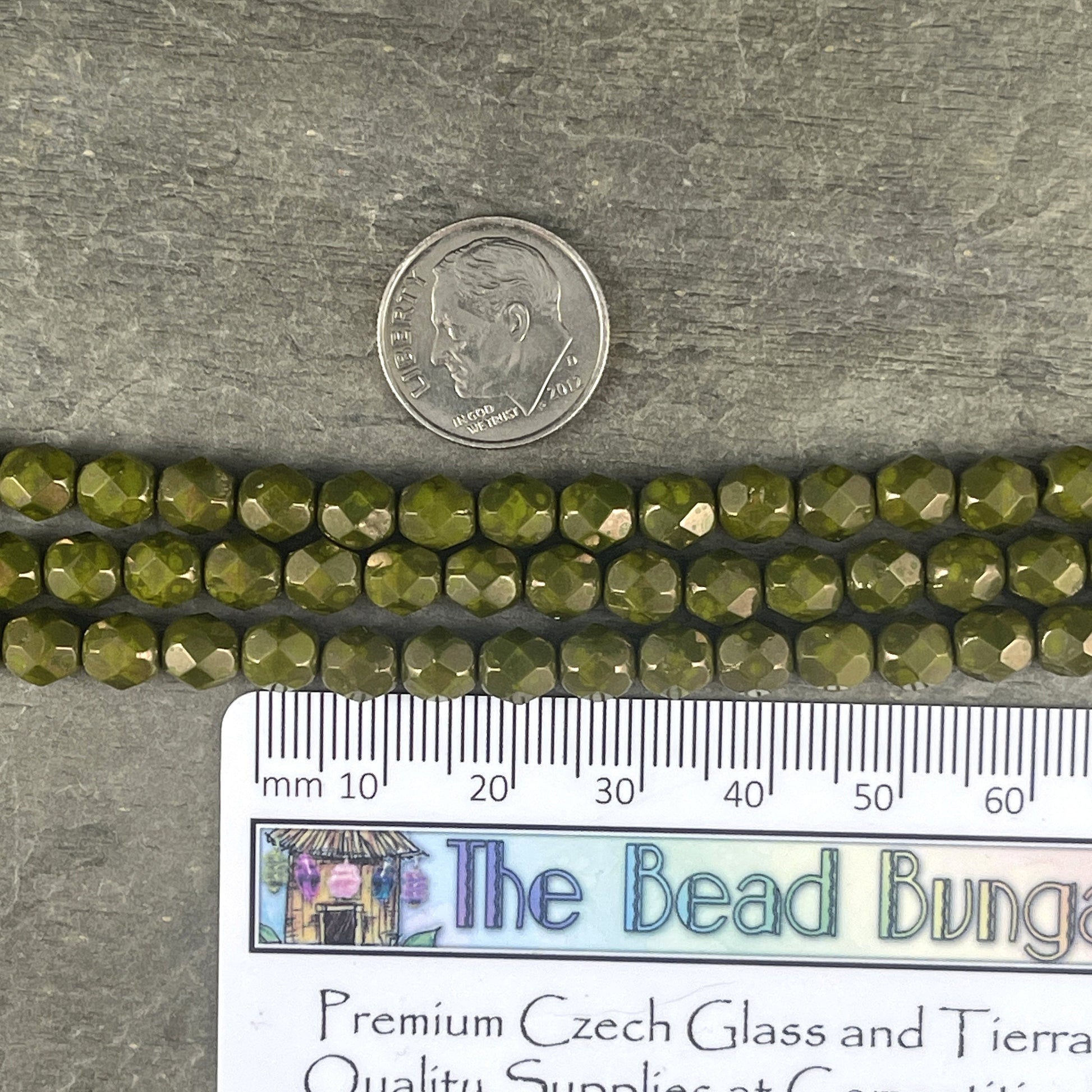 Olive Green 6mm Czech Glass Beads, Fire Polished Faceted Round Beads, Olive Green Moon Dust Luster (FP6/SM-MD53420) * Qty. 25