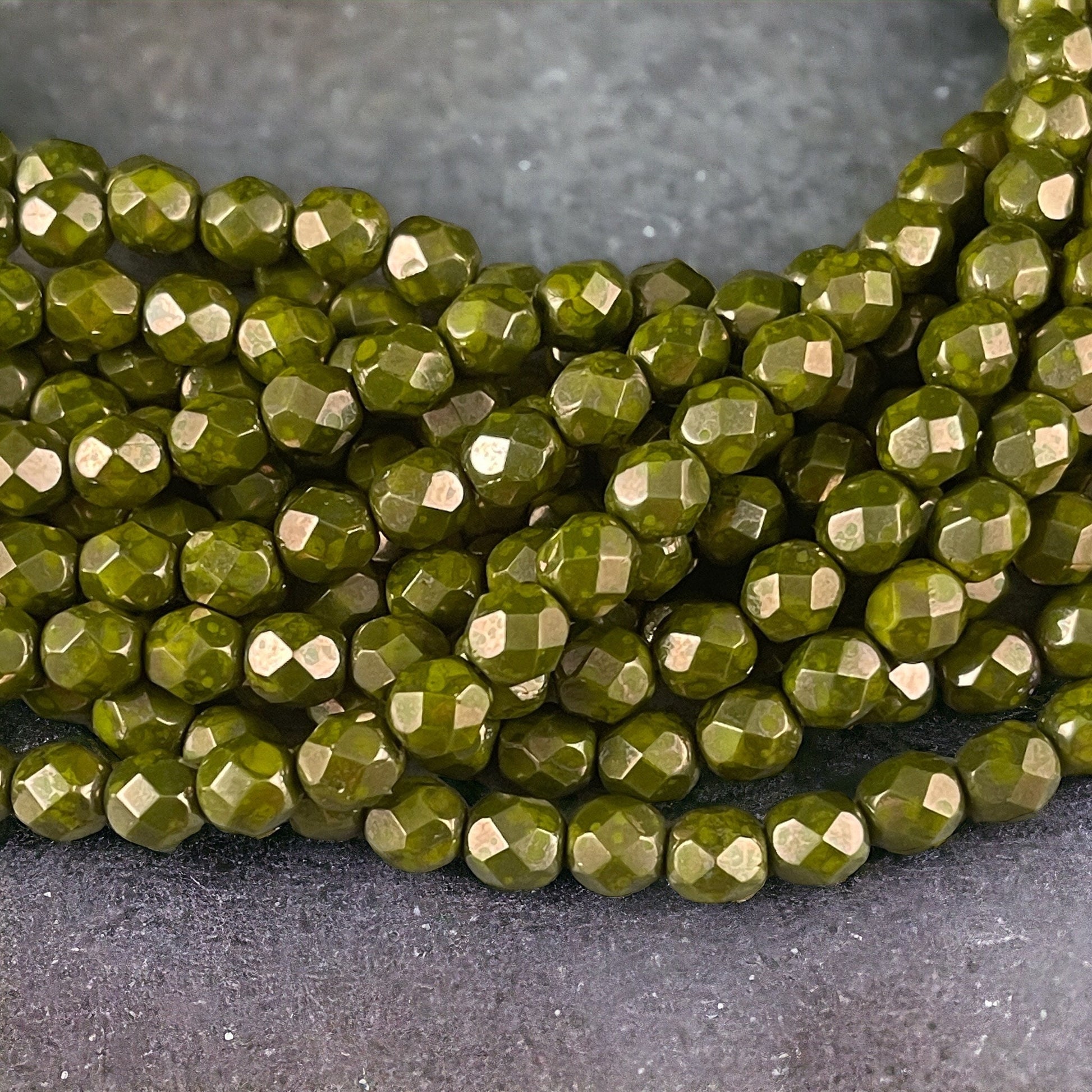 Olive Green 6mm Czech Glass Beads, Fire Polished Faceted Round Beads, Olive Green Moon Dust Luster (FP6/SM-MD53420) * Qty. 25