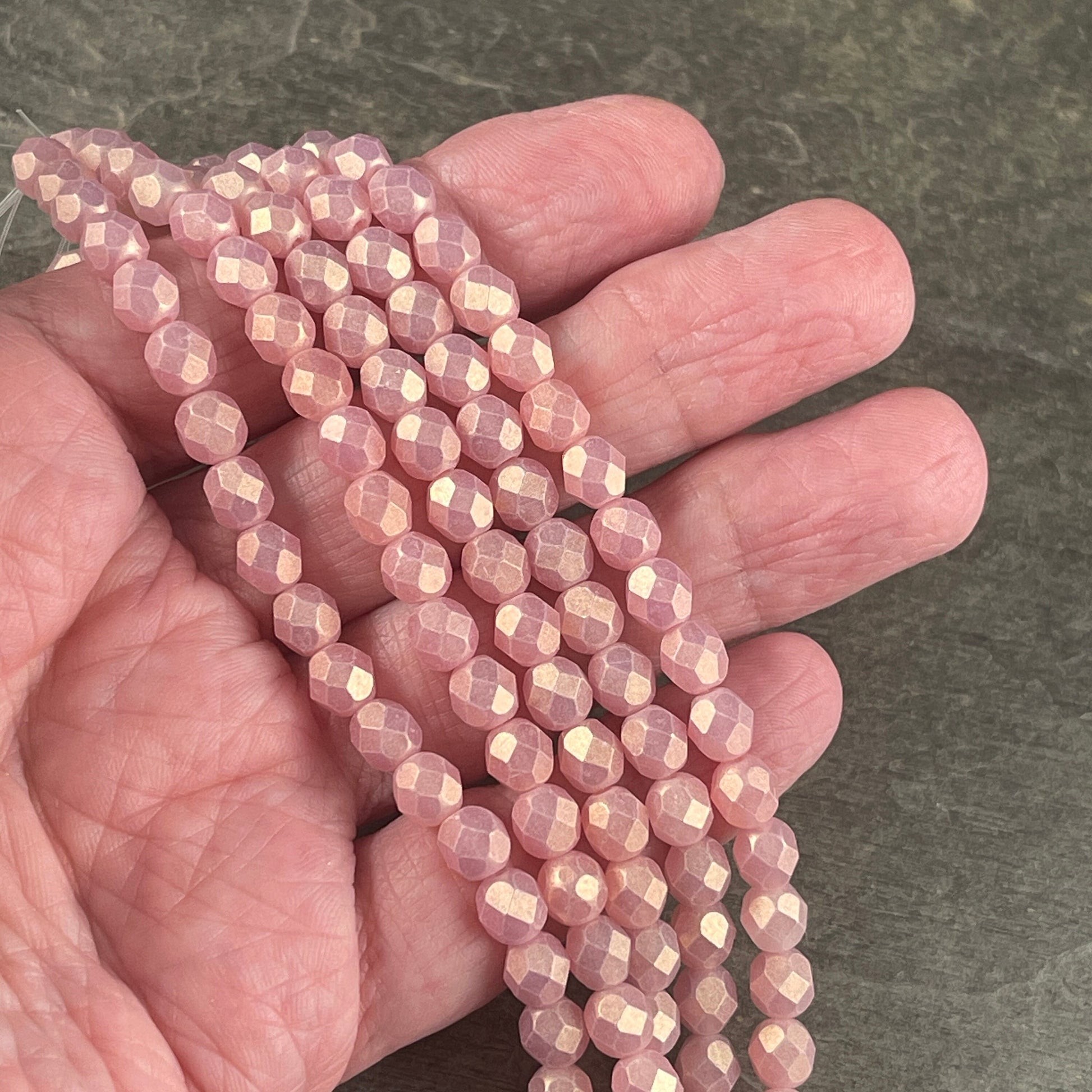 Czech Beads, 6mm Czech Glass Fire Polished Beads, 6mm Faceted Round Beads - Powered Pink with Golden Luster (FP6/SM-MSG71010) * Qty 25