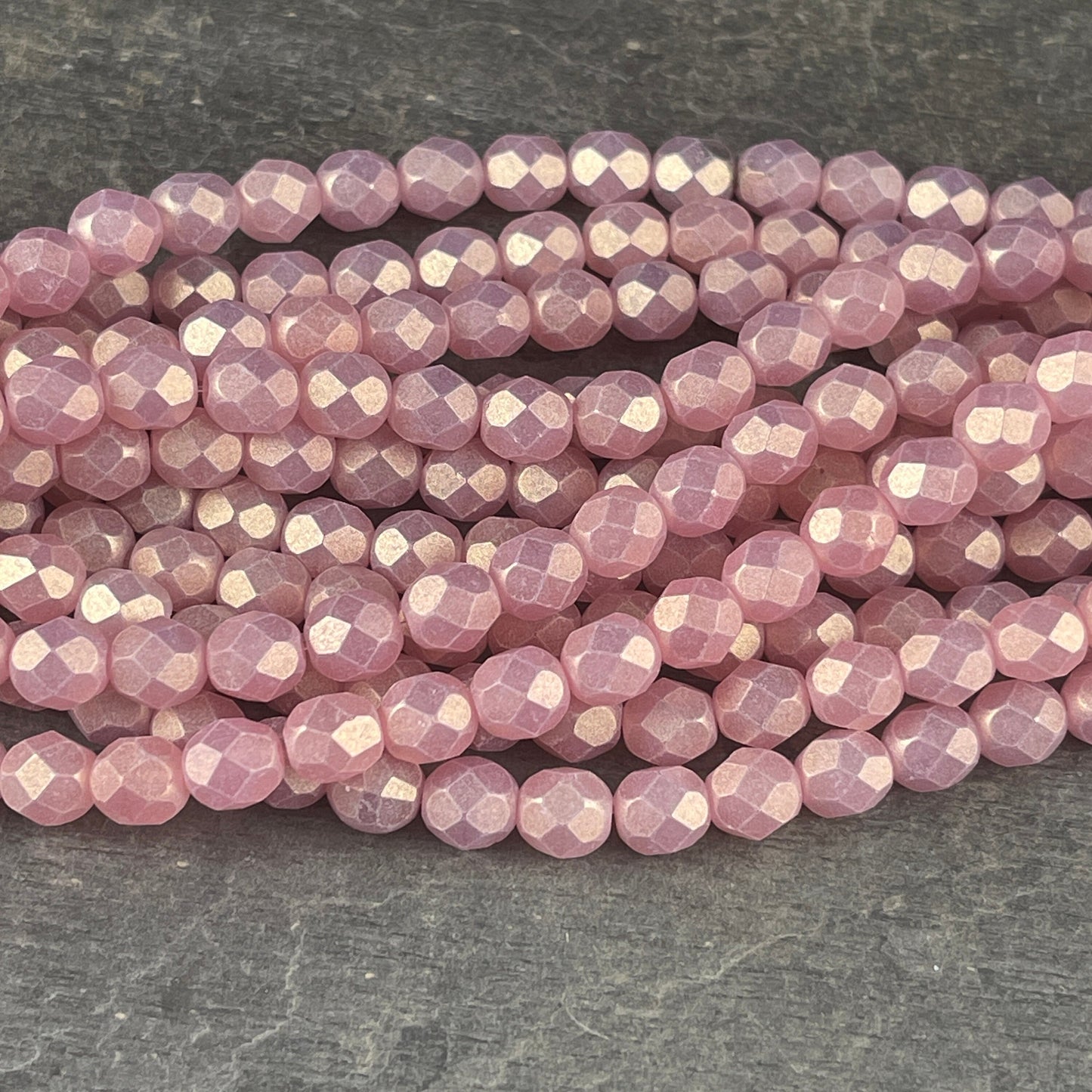 Czech Beads, 6mm Czech Glass Fire Polished Beads, 6mm Faceted Round Beads - Powered Pink with Golden Luster (FP6/SM-MSG71010) * Qty 25