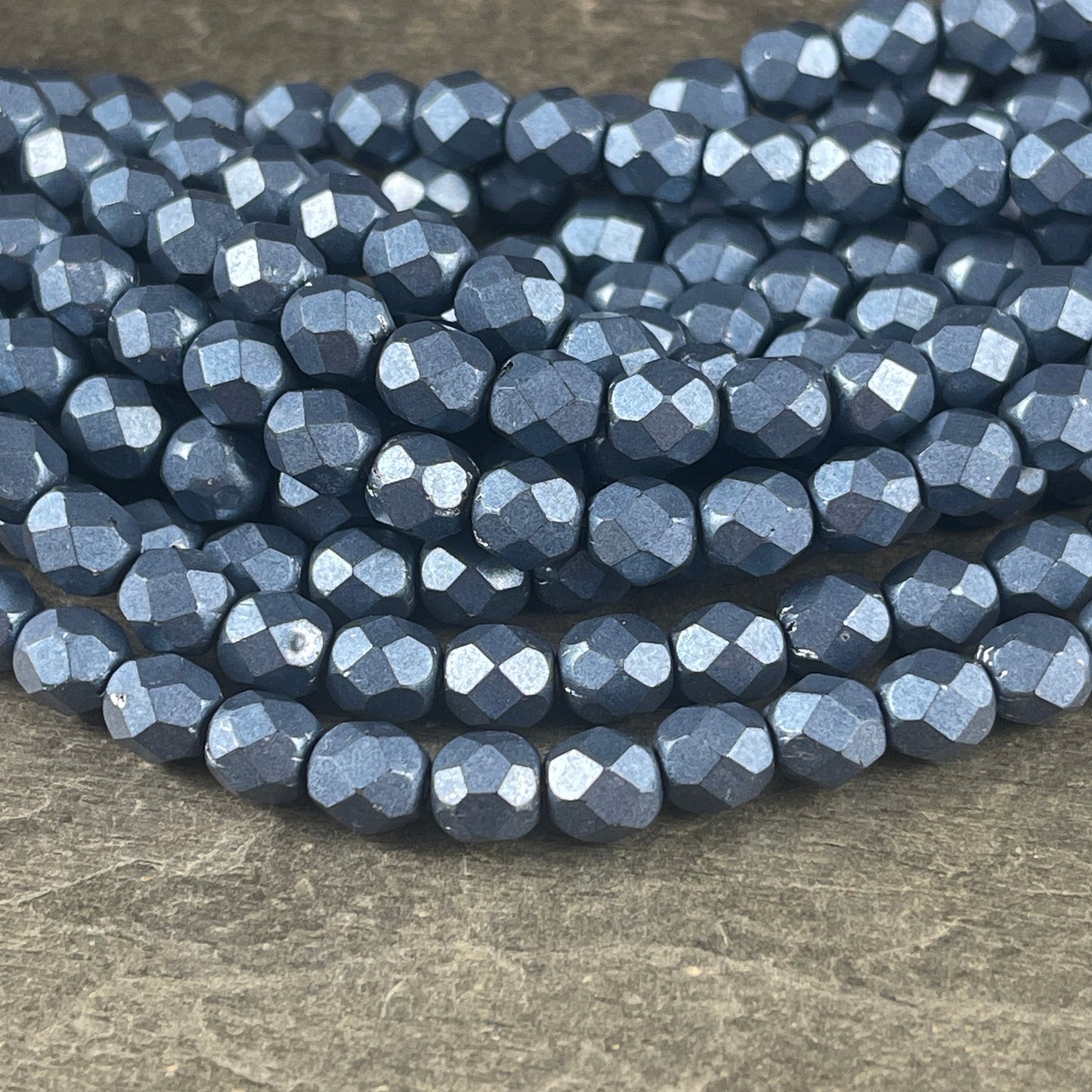 Czech Glass Beads, 6mm Denim Blue Faceted Round Beads - Metallic Bluestone Fire Polished Beads (FP6/SM-07B02) * Qty. 25