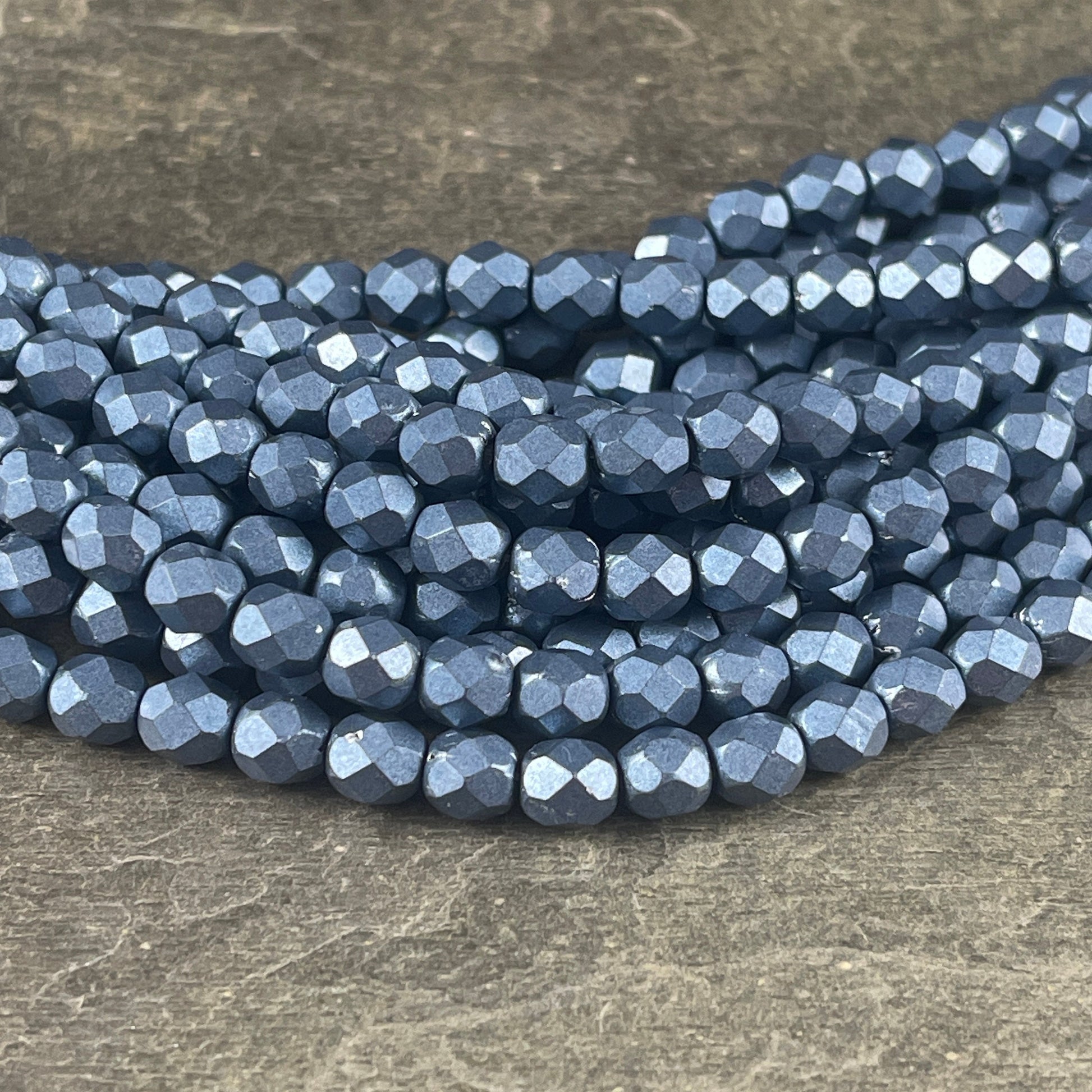 Czech Glass Beads, 6mm Denim Blue Faceted Round Beads - Metallic Bluestone Fire Polished Beads (FP6/SM-07B02) * Qty. 25