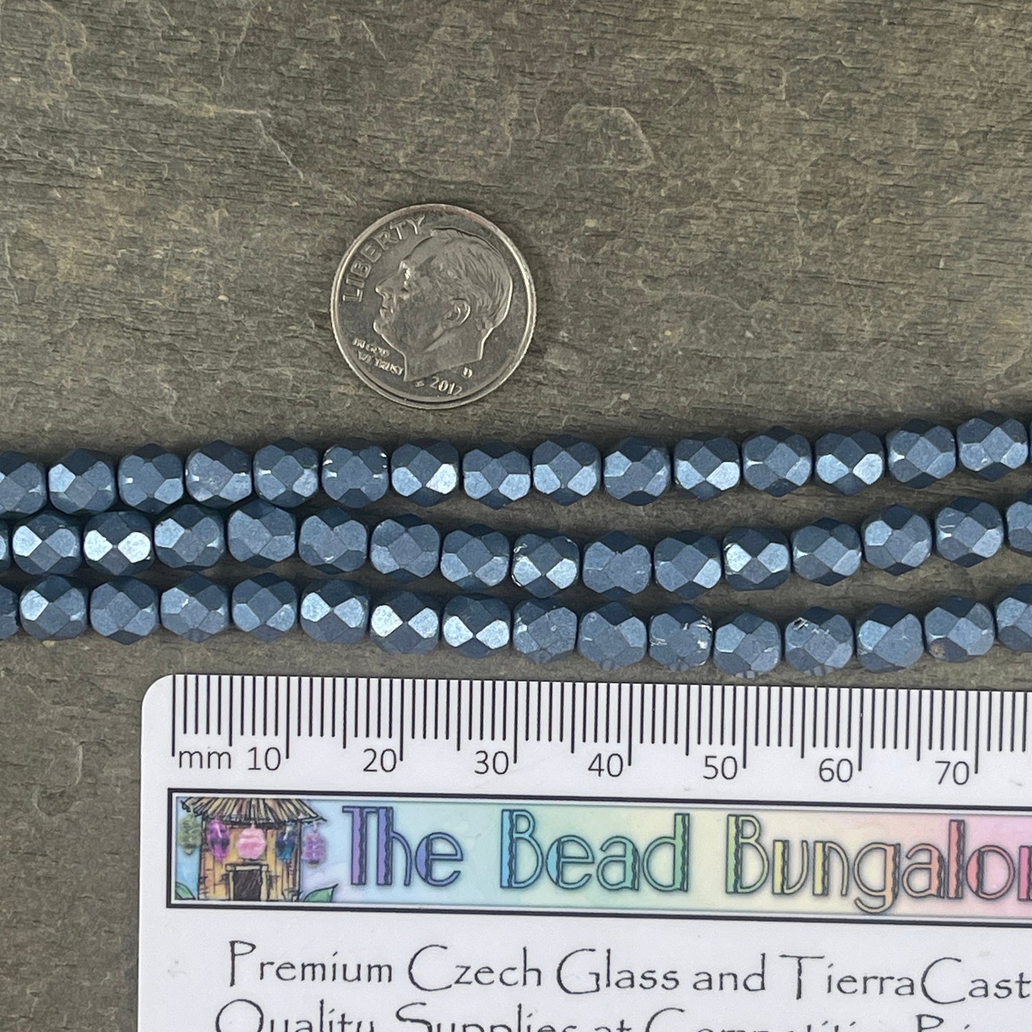 Czech Glass Beads, 6mm Denim Blue Faceted Round Beads - Metallic Bluestone Fire Polished Beads (FP6/SM-07B02) * Qty. 25