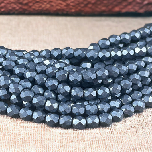 Czech Glass Beads - 6mm Denim Blue Faceted Round Beads, Metallic Bluestone Fire Polished Beads (FP6/SM-07B02) * Qty. 25