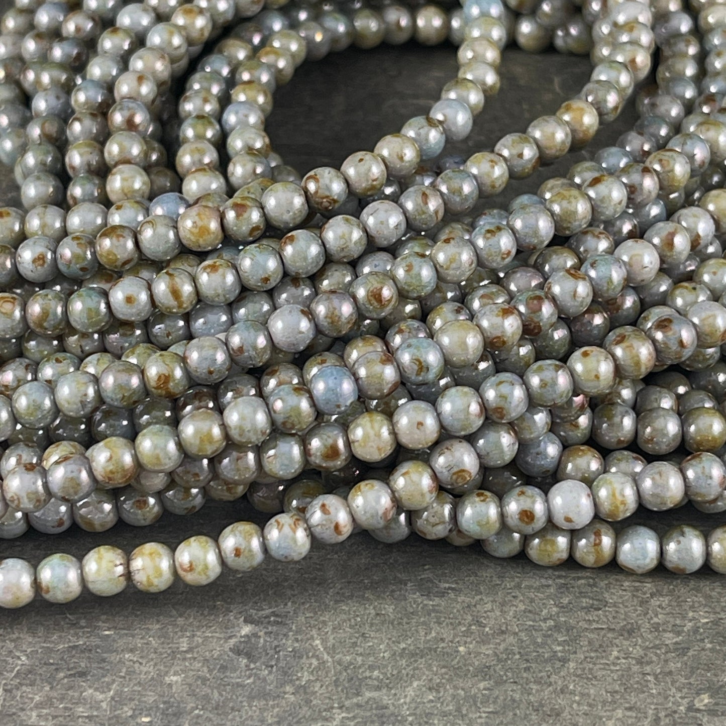 4mm Round Czech Glass Beads - Small Green Grey with Picasso Luster - 4mm Smooth Round Druk (D4/SM-P65431) * Qty 100