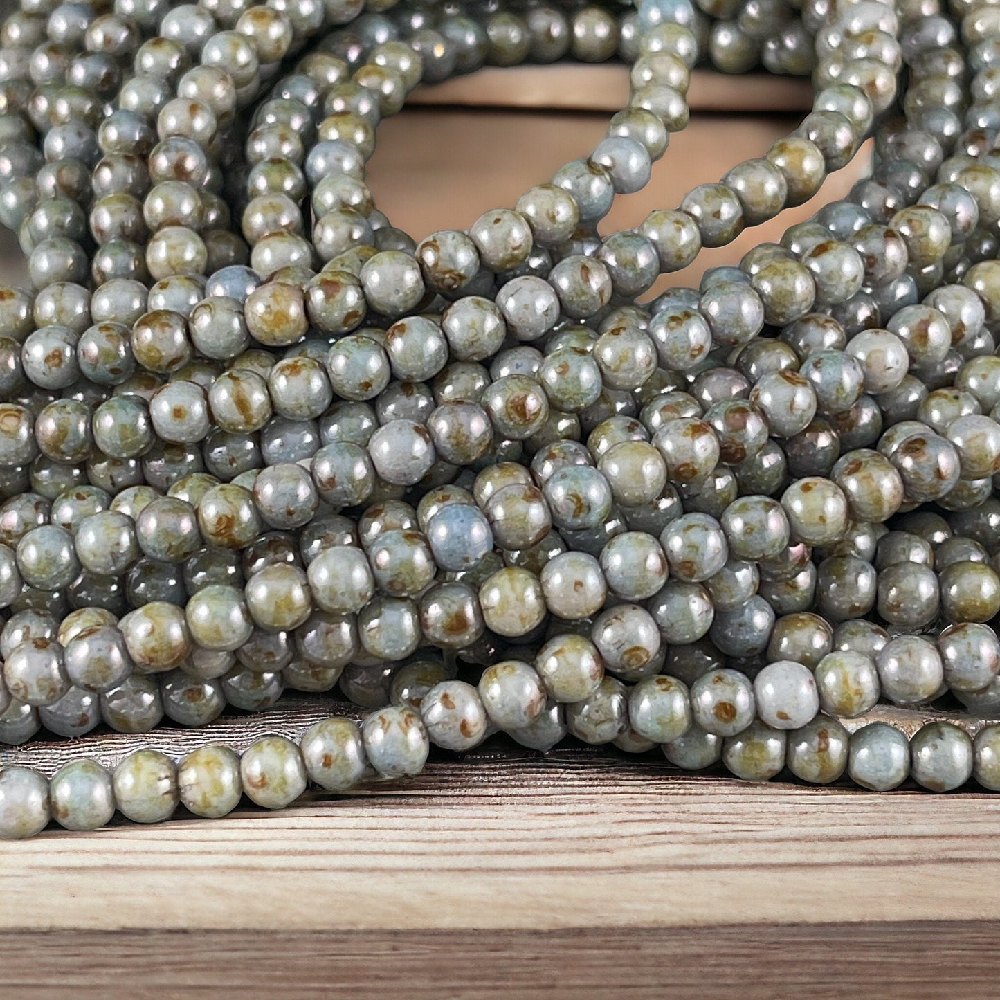 4mm Round Czech Glass Beads - Small Green Grey with Picasso Luster - 4mm Smooth Round Druk (D4/SM-P65431) * Qty 100