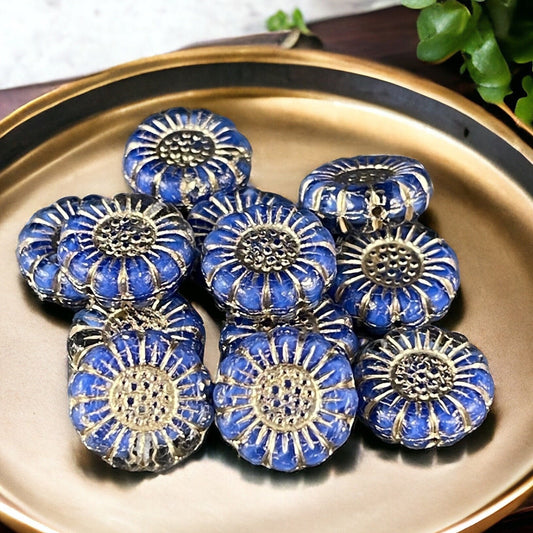 13mm Sunflower Bead, Czech Glass Beads, Royal Blue Silk with Gold Wash Sun Flower (RJ-5035) * Qty. 6