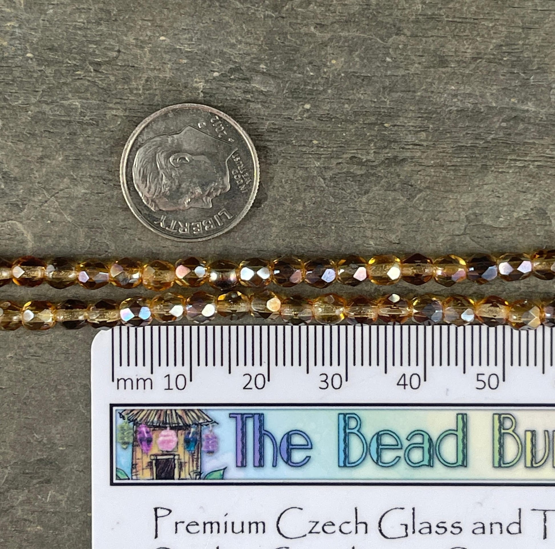 Transparent Gold Czech Glass Beads, 4mm Faceted Round Fire Polished Beads - Light Topaz Celsian, Champagne Gold (FP4/SM-Z1002) * Qty. 50