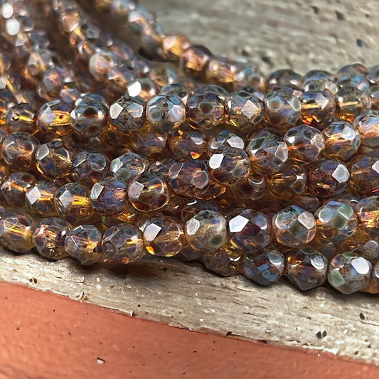 Czech Glass - Rustic Brown Picasso Beads, 6mm Faceted Round Crystal with Full Picasso Finish (FP6/SM-T0003) * Qty. 25
