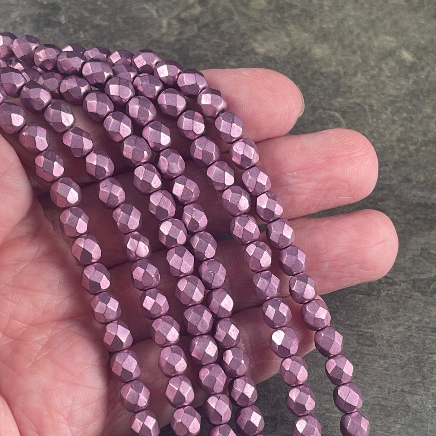 Purplish Pink Czech Glass Beads - 6mm Fire Polished Faceted Round Beads - Golden Orchid Pink Metallic Beads (FP6/SM-08A03) * Qty. 25