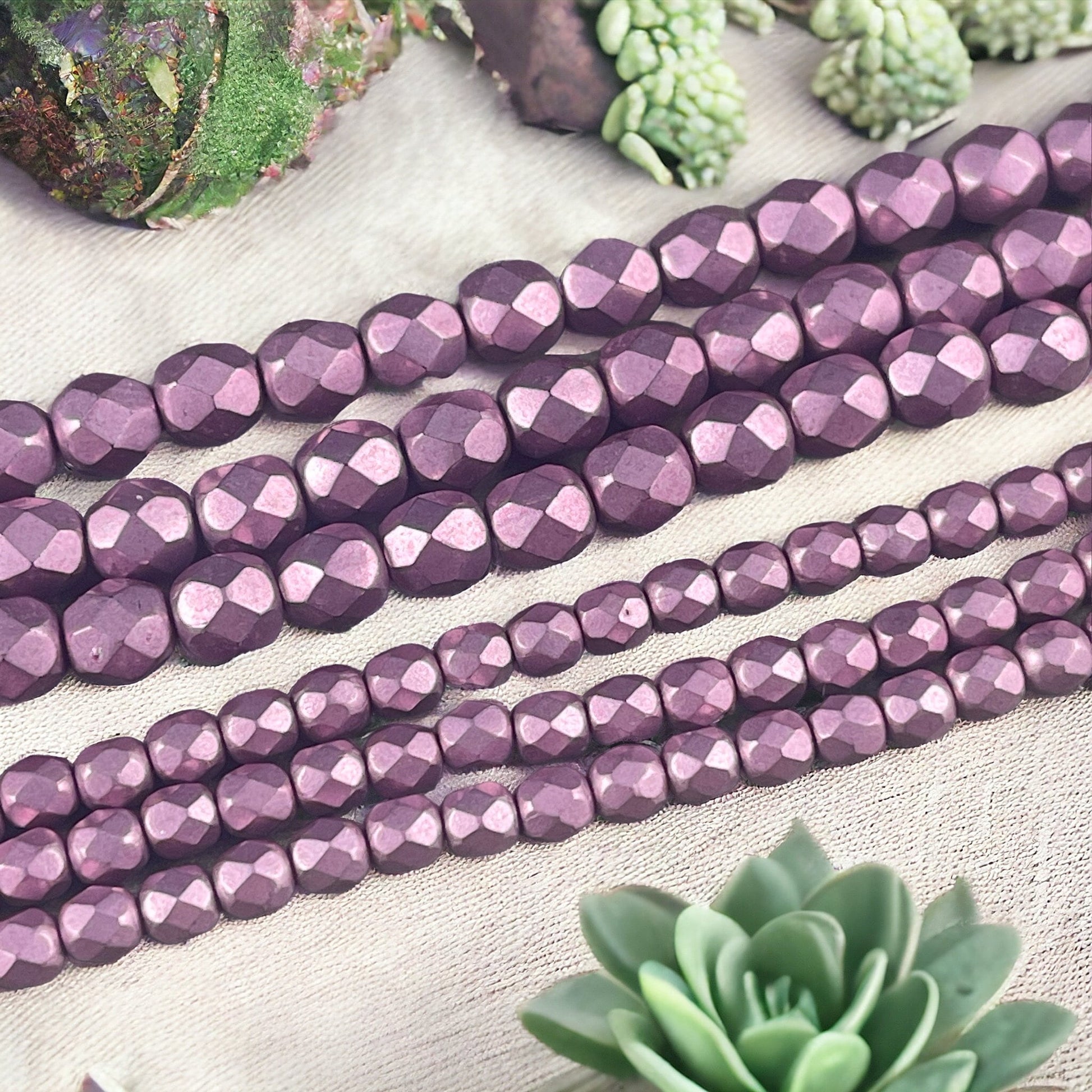 Purplish Pink Czech Glass Beads - 6mm Fire Polished Faceted Round Beads - Golden Orchid Pink Metallic Beads (FP6/SM-08A03) * Qty. 25