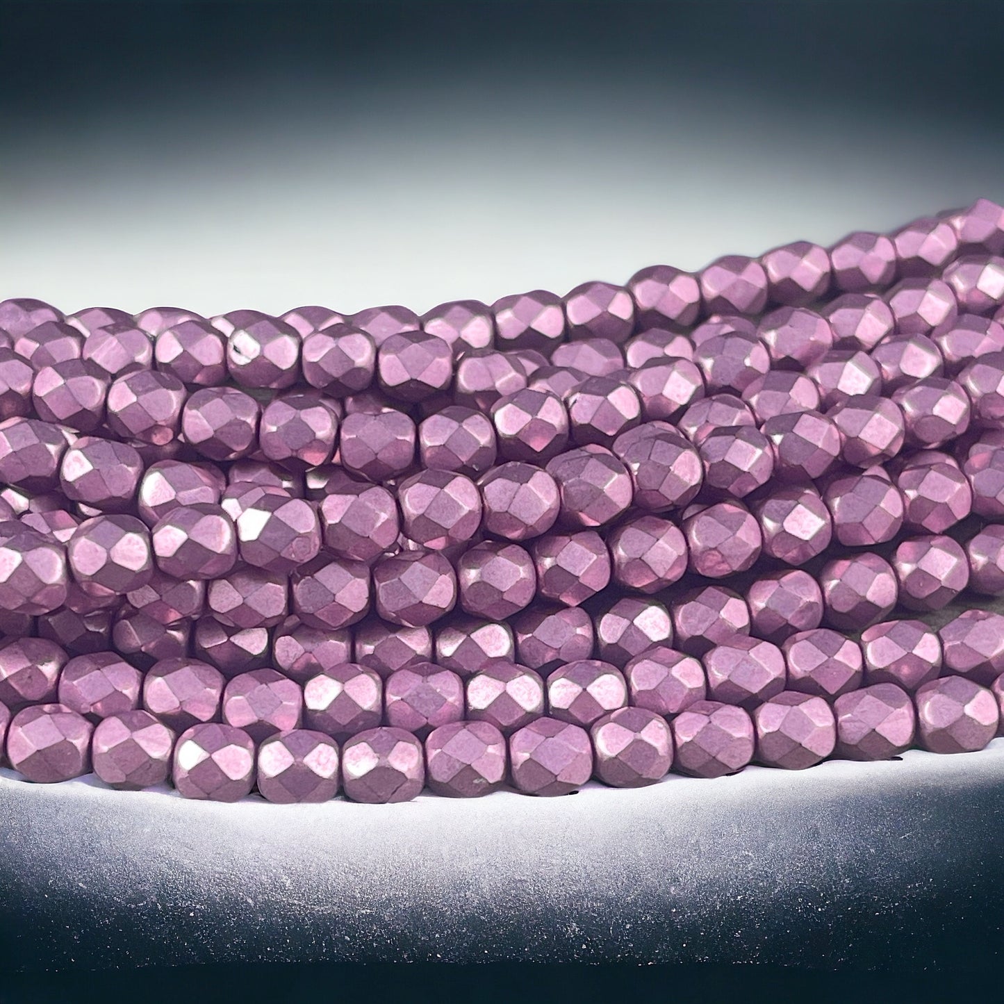 Purplish Pink Czech Glass Beads - 4mm Fire Polished Faceted Round Beads - Golden Orchid Pink Metallic Beads (FP4/SM-08A03) * Qty. 50