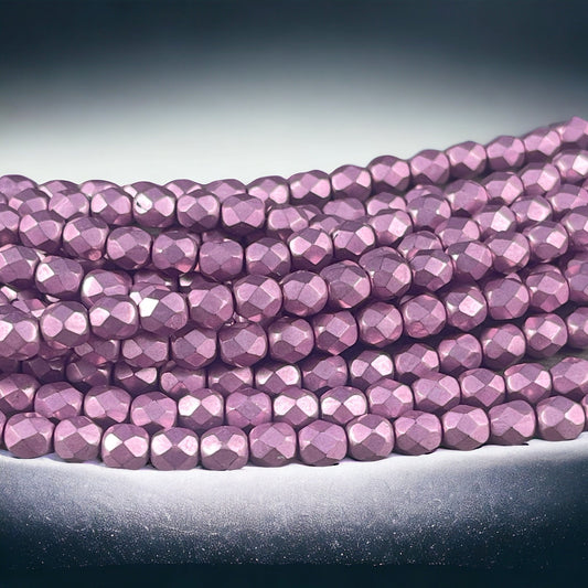 Czech Glass Beads - Purplish Pink 4mm Faceted Round Beads - Golden Orchid Pink Metallic Beads (FP4/SM-08A03) * Qty. 50