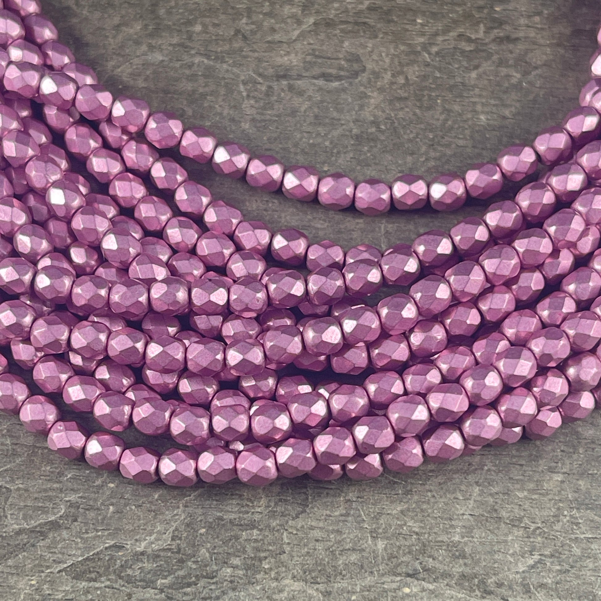 Purplish Pink Czech Glass Beads - 4mm Fire Polished Faceted Round Beads - Golden Orchid Pink Metallic Beads (FP4/SM-08A03) * Qty. 50